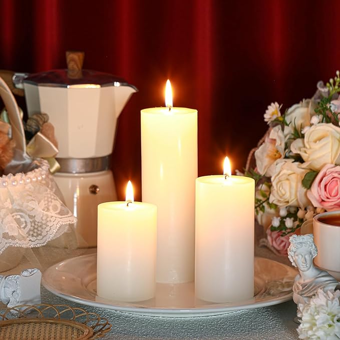 MTLEE 36 Pcs Pillar Candles Bulk Unscented Candle Set 38 Hour Long Burning Dripless for Dinner Emergency Wedding Spa Party(3 Sizes,White)