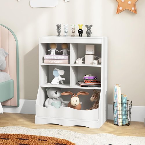 HONEY JOY Kids Toy Storage Organizer with Bookcase, 4-Cubby Organization Storage Cabinet w/Display Shelf, Wooden Toy Storage Unit for Playroom, Nursery Daycare(White)