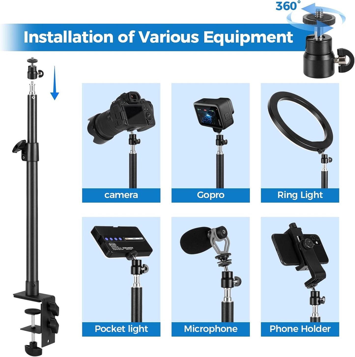 1/4" 14"-23.6" Camera Desk Mount Stand with Ball Head and Phone Holder Clip, Desktop Light Stand, Adjustable Light