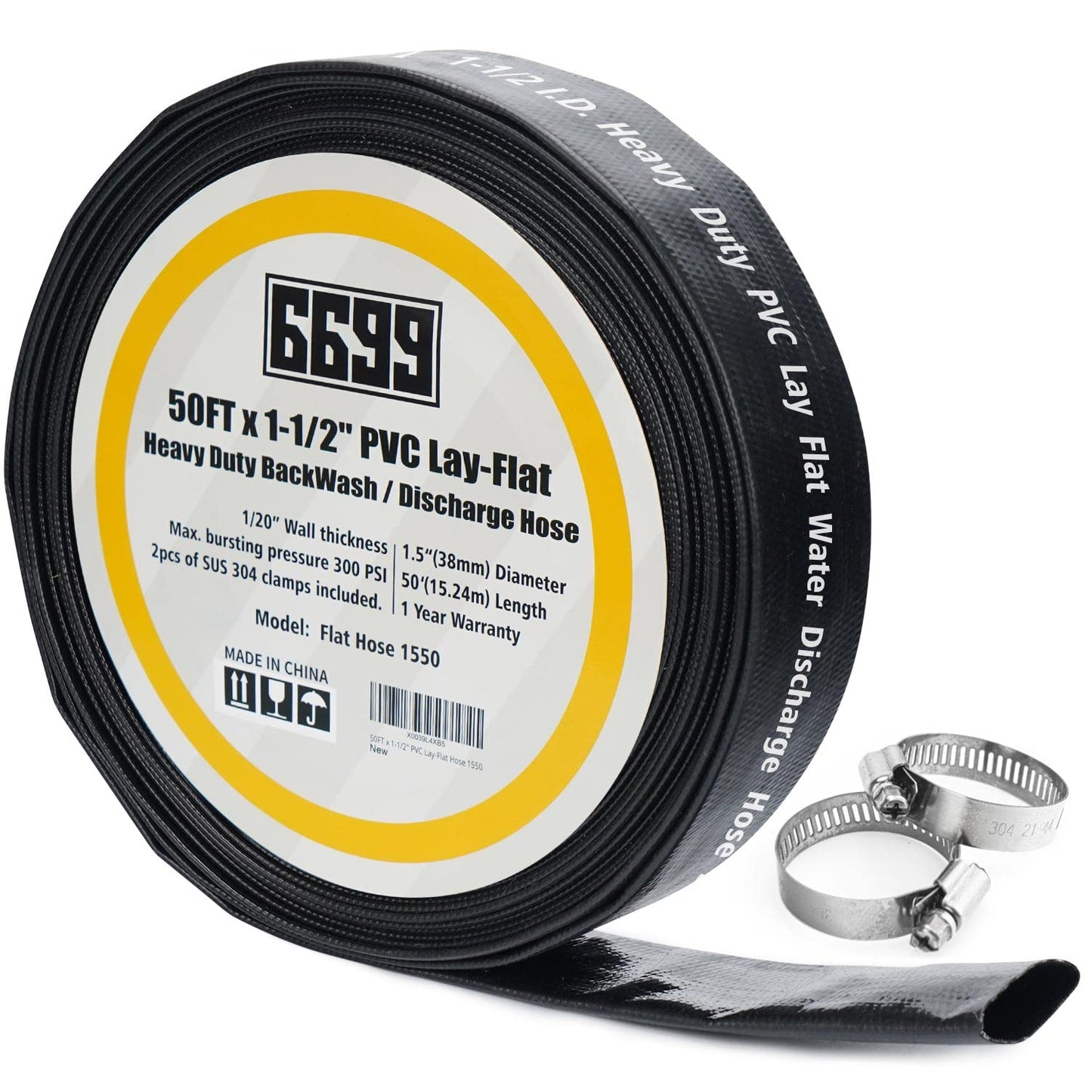 6699 Discharge Hose 1-1/2-Inch by 50-foot Sump Pump Hose with 2pcs SUS 304 Clamps Pool Backwash Hose for Draining/Removing Water Lay Flat Hose 1550