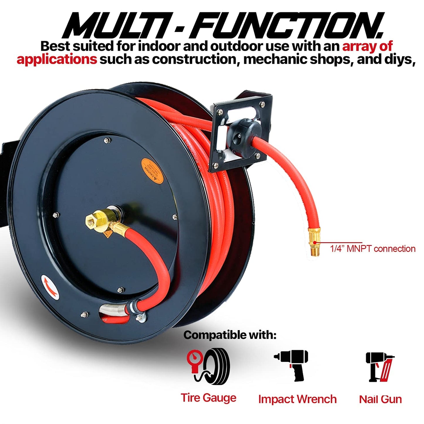 ReelWorks Air Hose Reel Retractable 3/8" Inch x 50' Feet Hybrid Polymer Hose, Max. 300 PSI & Extension Cord Reel Retractable 12awg x 80' Foot 3C/SJTOW Glow Strip Cable