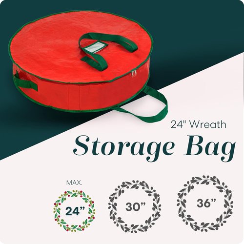 Handy Laundry Christmas Wreath Storage Bag - 24 Inch Durable Tarp Material with Zipper & Sturdy Handles, Red