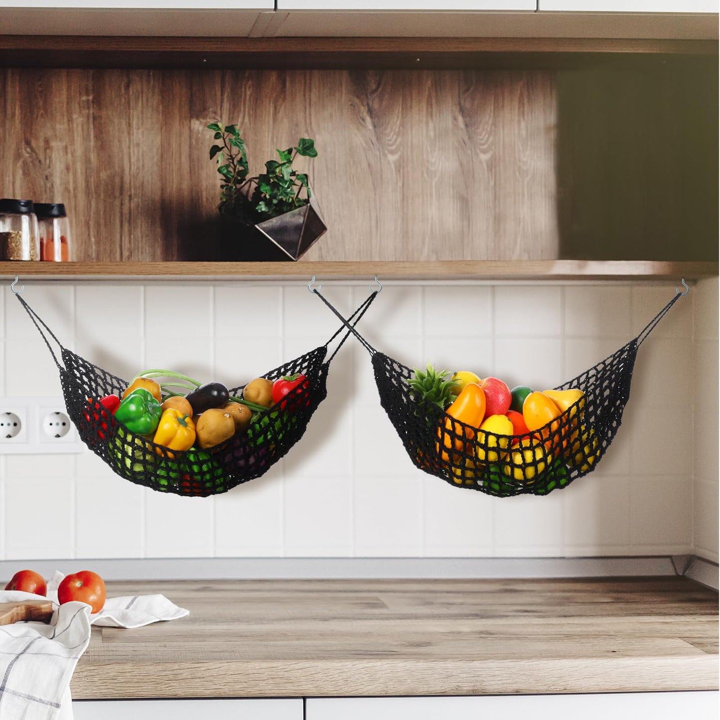 Xuhal 2 Pcs 11.8 x 20 Inch Large Macrame Fruit Hammock Under Cabinet Veggie Banana Hammock Hanging Fruit Basket Saves Counter Space for Kitchen Hand-woven Lace Hanging Basket (Black Style)