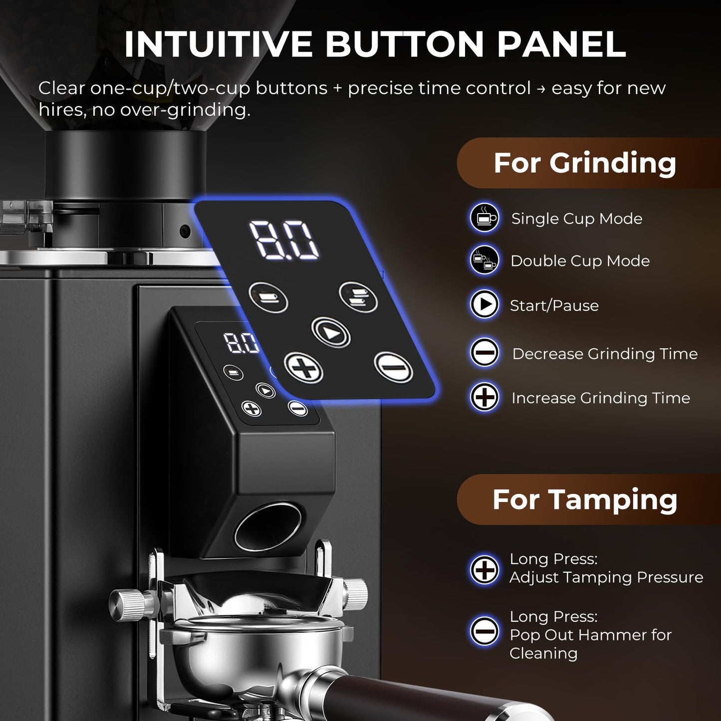 Flyseago Commercial Coffee Grinder with Electric Tamper, 64mm SUS420 Flat Burr, 14 Grind Settings for Café, Bakery