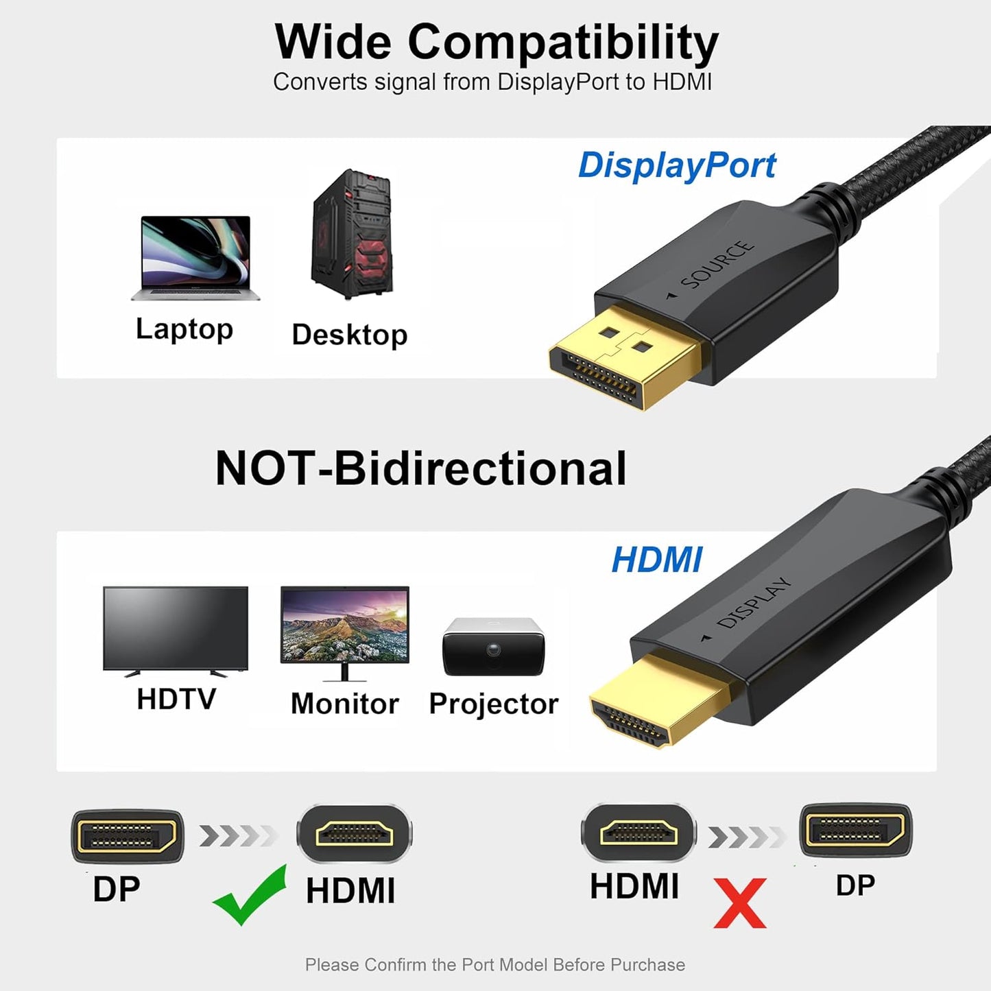3ft, 2-Pack 4K UHD(4K, 2K, 1080P) Thin DisplayPort to HDMI Cable Display Port DP to HDMI Cable Adapter Male Cord