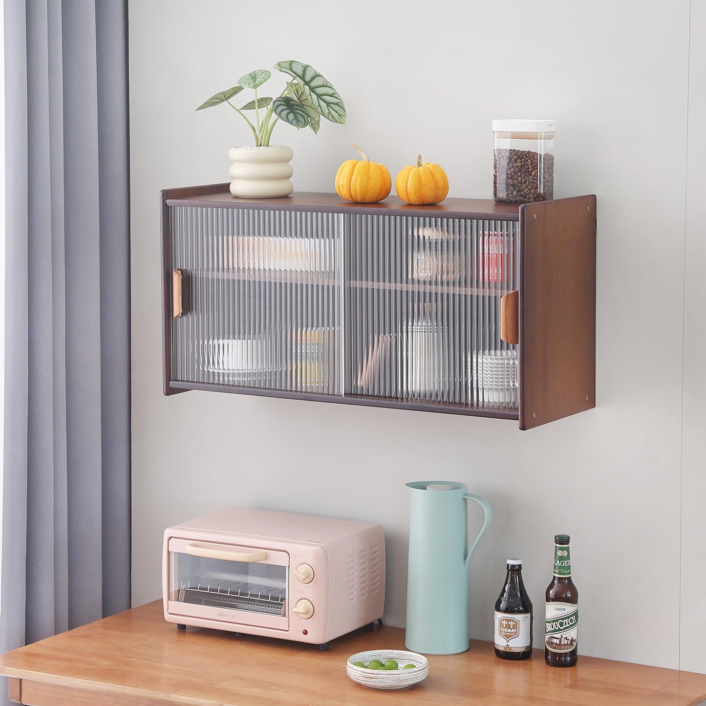 Tiita Small Kitchen Pantry Cabinet, Bamboo Wall Sideboard with Glass Doors, Cupboard Food Pantry Cabinet for Kitchen, Living Room and Dinning Bedroom