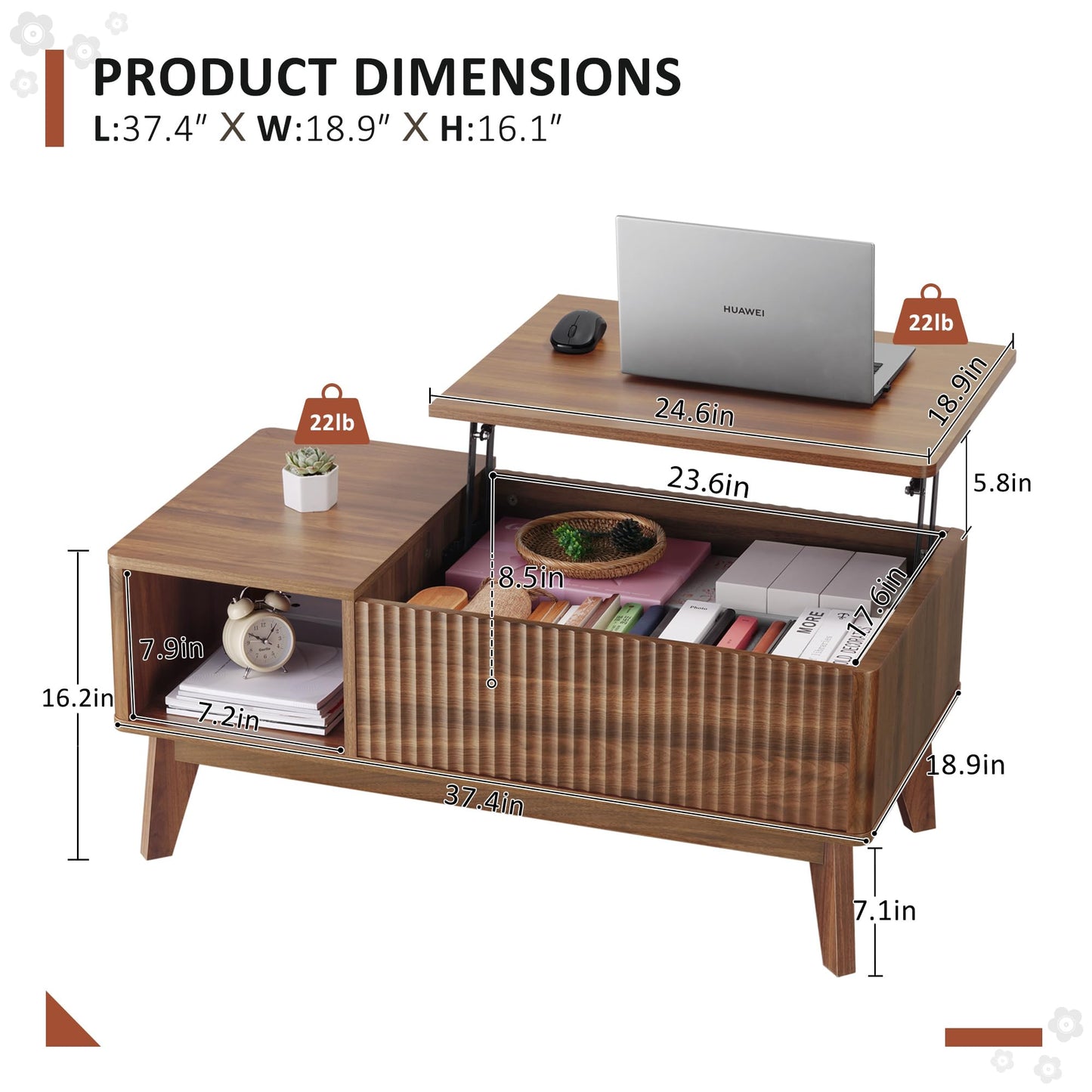 LYNCOHOME Fluted Lift Top Coffee Table with Storage, Modern Coffee Table for Living Room, Home Office（Walnut）