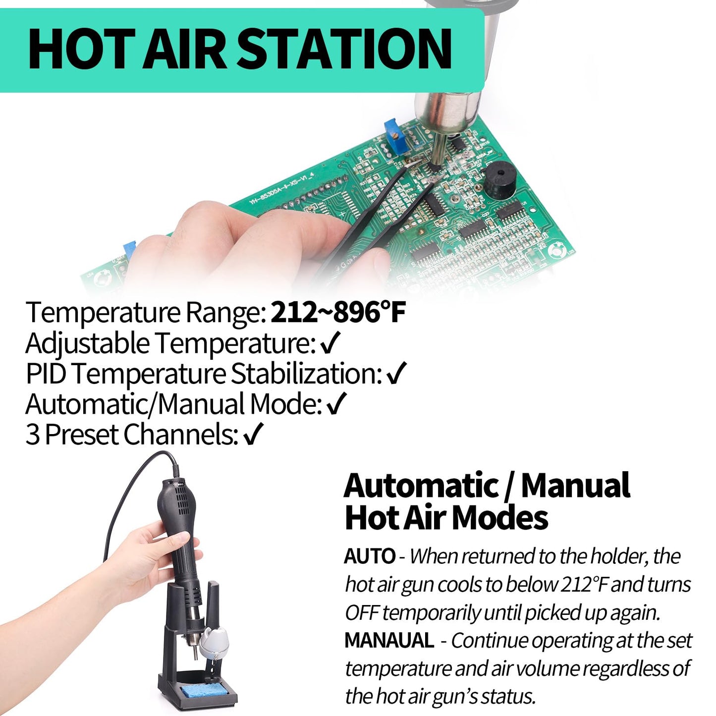 YIHUA 853D 5A-II 3 in 1 Hot Air Rework Soldering Iron Station and DC Power Supply 30V 5A -°F /°C Multiple Functions
