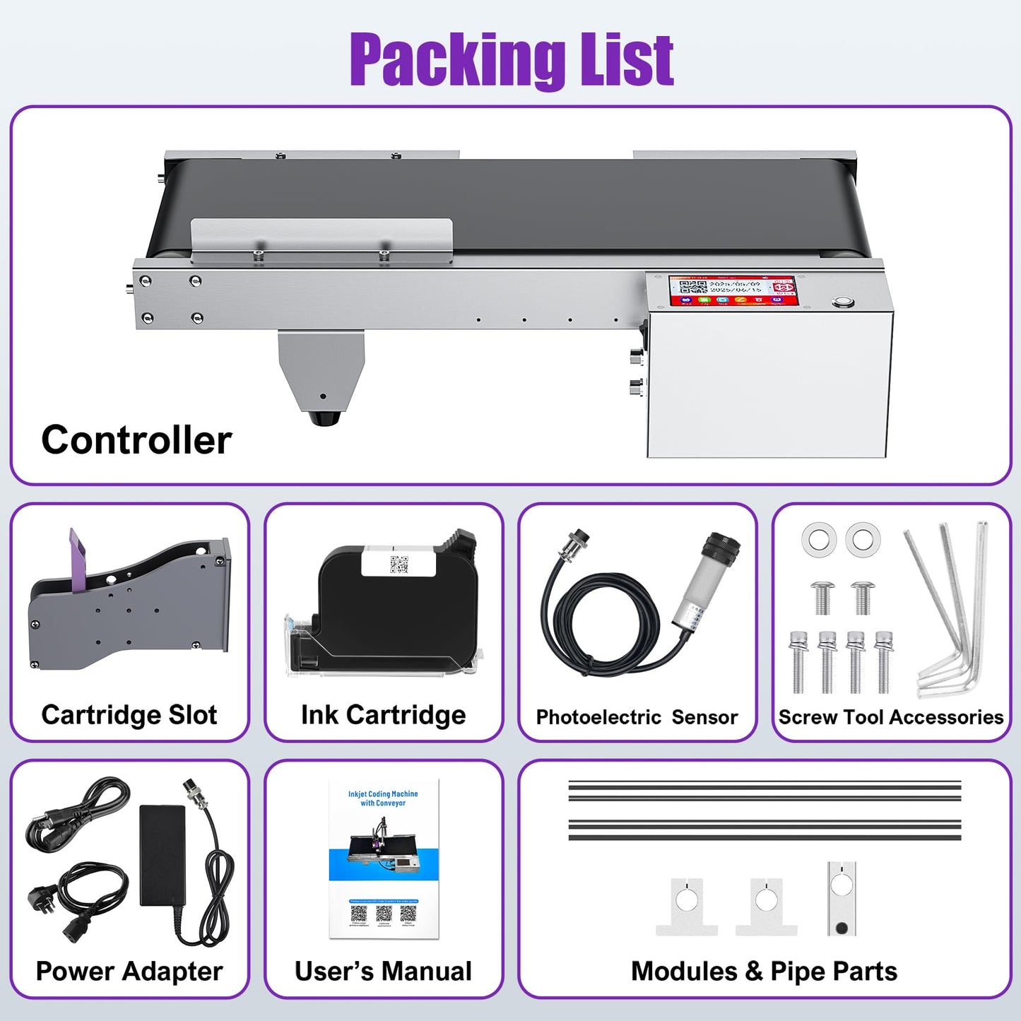 TIJ228 Inkjet Coding Machine with Mini Conveyor Belt, 2-12.7mm Industrial Online Inkjet Printer with 42ml Original Quick-Drying Ink for Expiry Dates,Batch Numbers,Barcodes,QR Codes,Logos,Labels