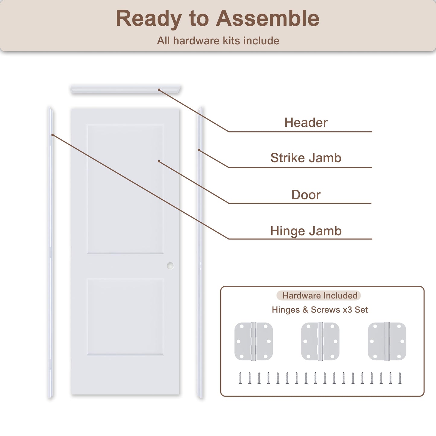 JUBEST 36"x80" Right-Hand Prehung Interior Door with Knock Down Jamb Kit & Satin Nickel Hinges, 2-Panel White Primed Hollow Core Molded Door Slab with Bore & Hinge Cutout, Durable & Sturdy, No Handle