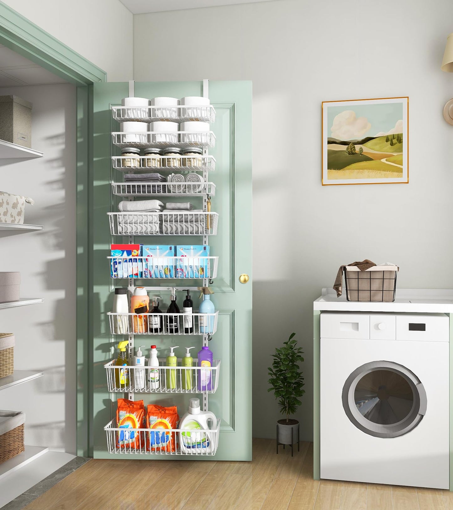 Mefirt White 9-Tier Over The Door Pantry Organizer, Pantry Organization and Storage, Deep Baskets Hanging Heavy-Duty Metal, Wall Spice Rack Seasoning Shelves for Home & Kitchen, Laundry Room Bathroom