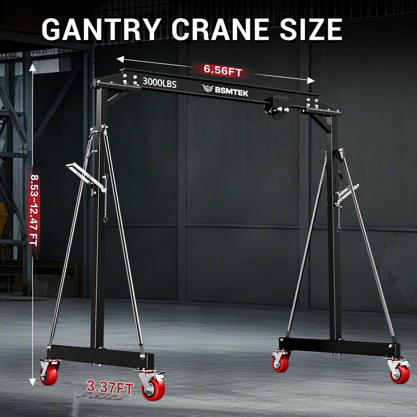 BSMTEK 1.5 Ton Gantry Crane MAX3000lbs Capacity, Adjustable Height (8.53-12.47 FT) & Width (6.56 FT), Steel I-Beam Construction, Portable Shop Hoist for Factories, Warehouses, Black