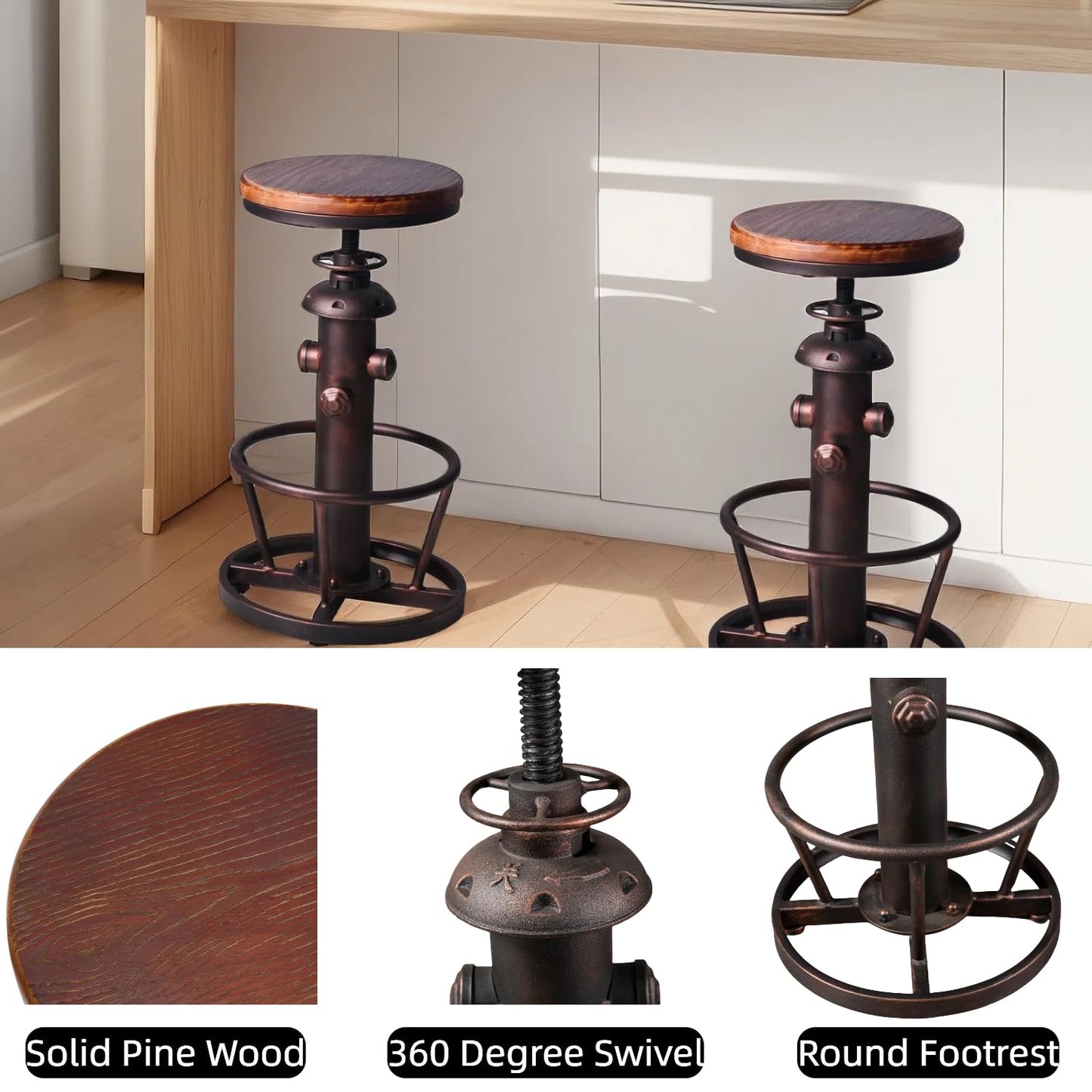 BOKKOLIK Vintage Swivel Bar Stool Industrial Coffee Kitchen Dining Chair Fire Hydrant Design Height Adjustable 24.8-30.7inch Solid Wooden Seat