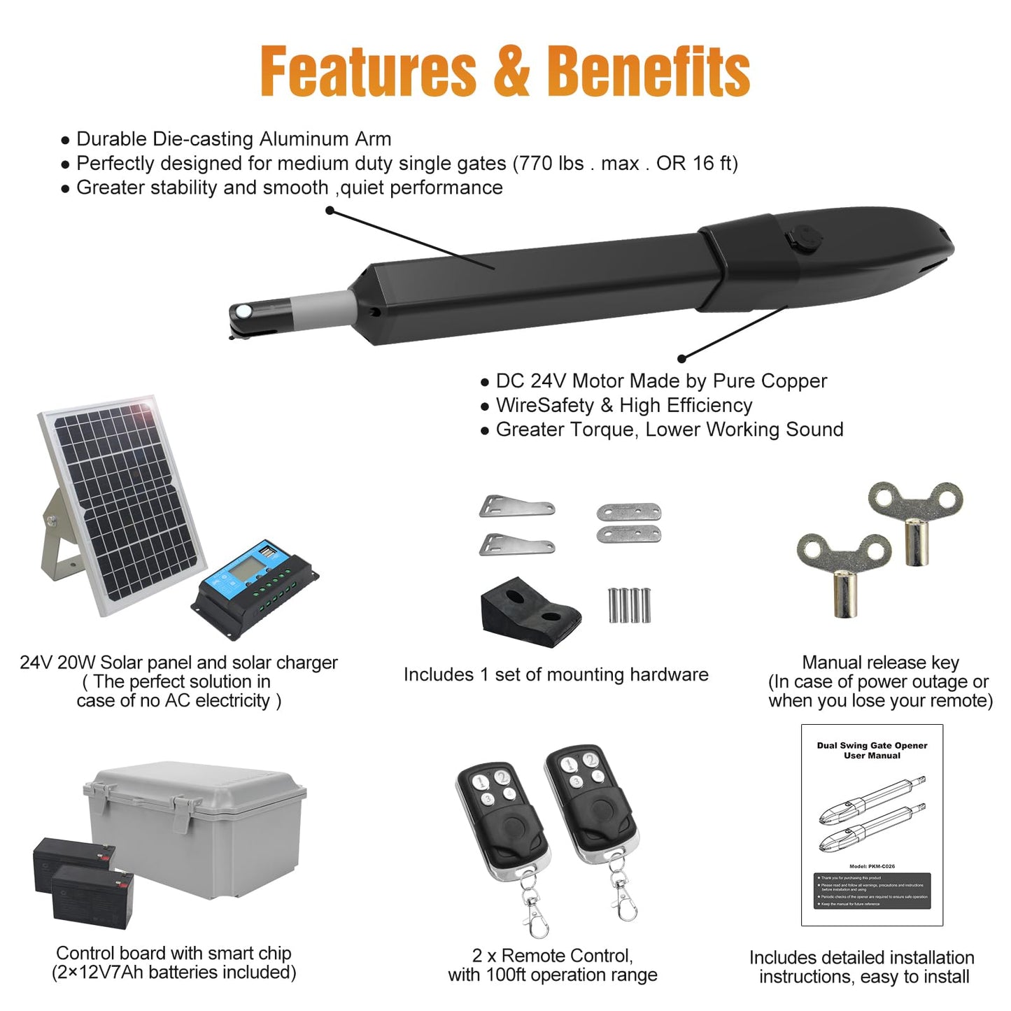 JUJIANG C026 Solar Gate Opener with Batteries & Solar Panel for Dual Swing Gates Up to 1540lb Automatic Gate Opener with Remote Complete Kit Medium Duty Electric Gate Opener Solar Powered 60W Motor