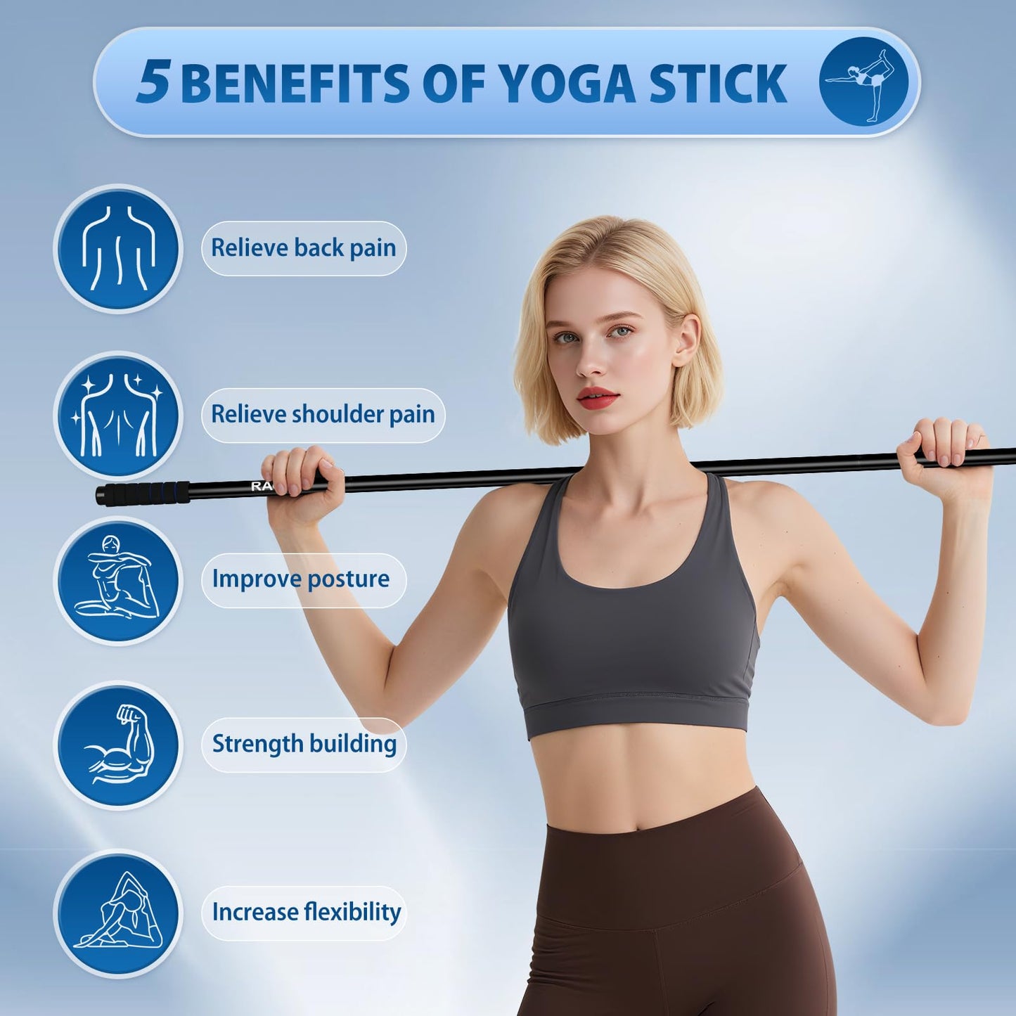 Yoga Stick 5 ft, Sturdy Steel Adjustable Stretching Stick for Mobility, Balance and Flexibility, Versatile Exercise Stick with Non-Slip Ends and Foam Handles for Fitness, and Posture Correction