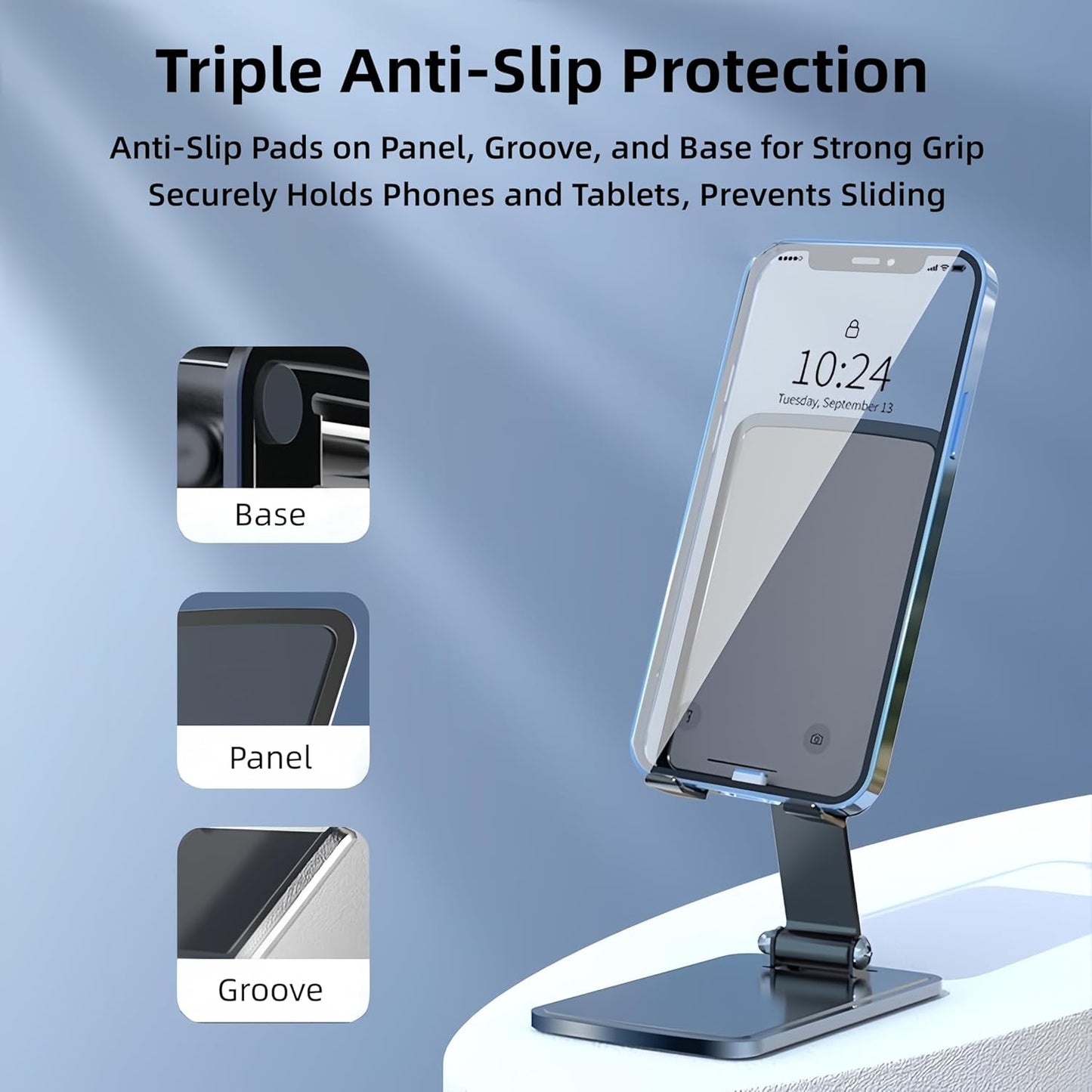 Briteroh Foldable & Height Adjustable Phone Stand for Desk, Carbon Steel Stable Cell Phone Holder, Universal