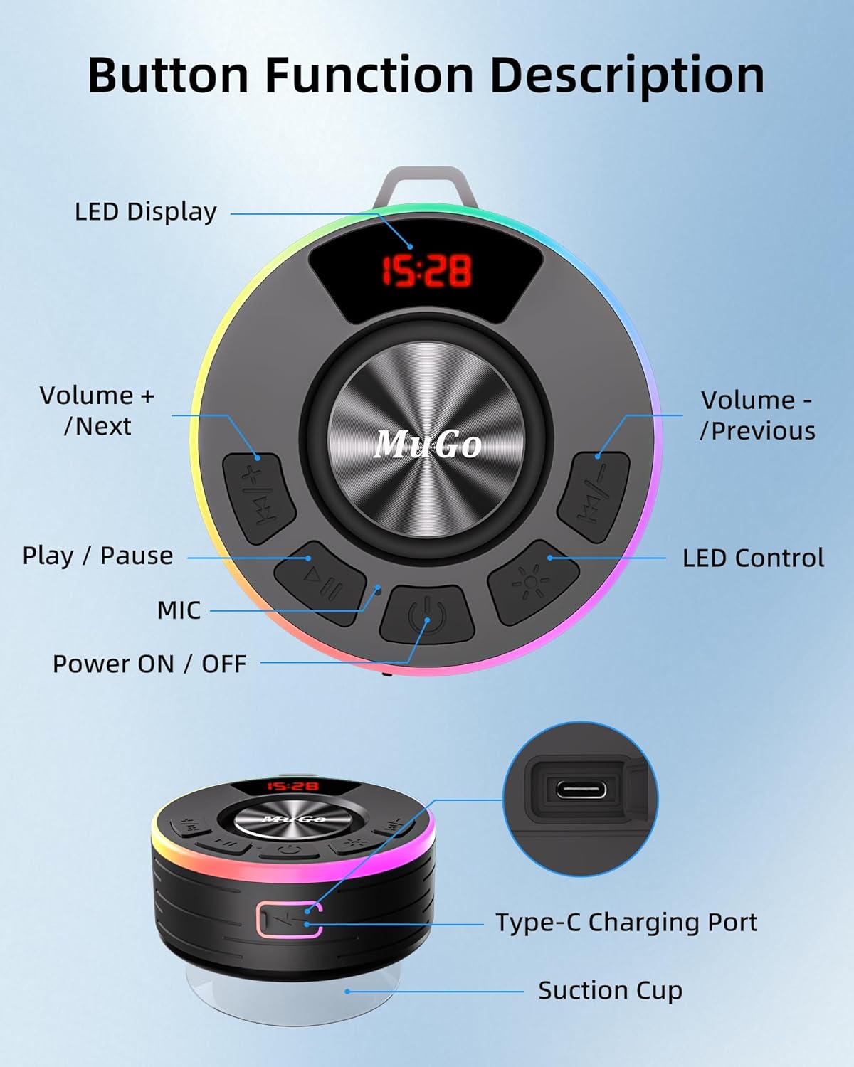 MuGo IPX7, 360 5.3 Shower Bluetooth Speaker Waterproof HD Stereo Sound Bathroom Speaker Bluetooth with RGB Lights