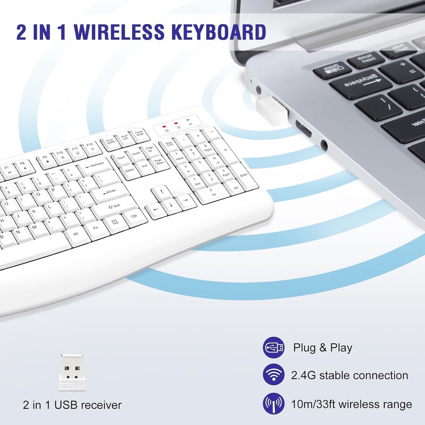 QUASIO 2.4G Wireless Keyboard, Full-Sized Ergonomic Wireless Computer Keyboard with Wrist Rest for Windows, Mac OS