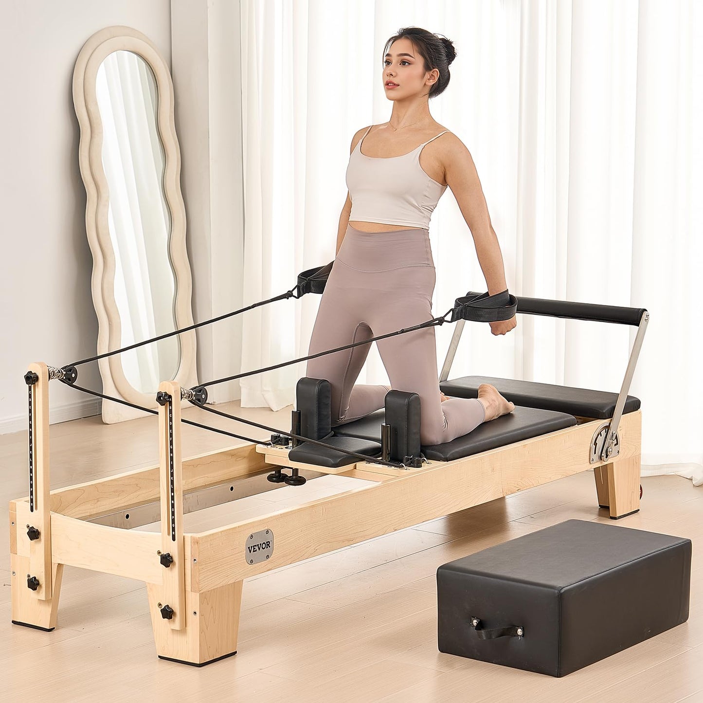 VEVOR Pilates Reformer Machine, Wooden Pilates Workout Equipment for Home Gym Studio Use, Pilates Bed with Dual Resistance- Spring & Cord, Reformer Set with Sitting Box, Up to 400 LBS