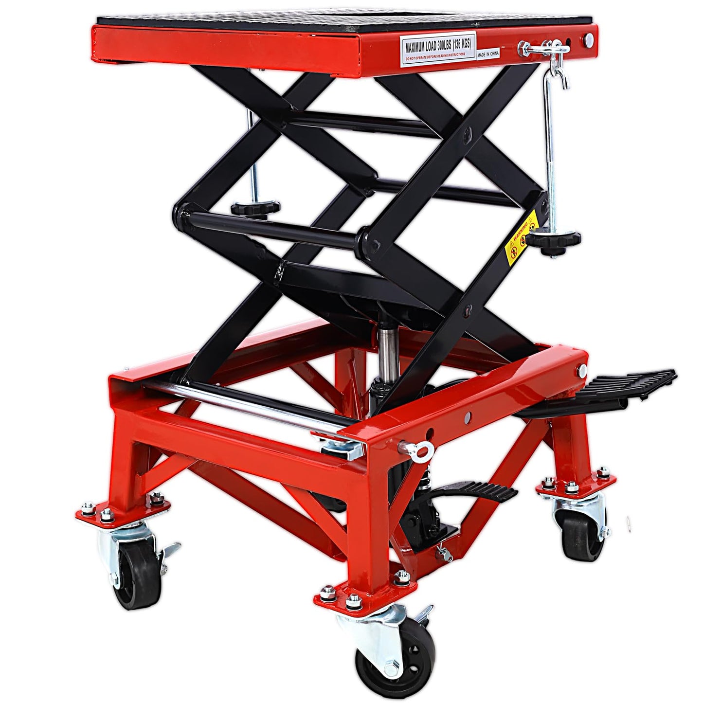 300 Lbs Hydraulic Motorcycle Scissor Jack Lift Foot Step with 4 Wheels Jack Stand Portable Lift Table Heavy Duty Hydraulic Motorcycle Lift Table Adjustable Lift Jack Stand for Small Dirt Bikes