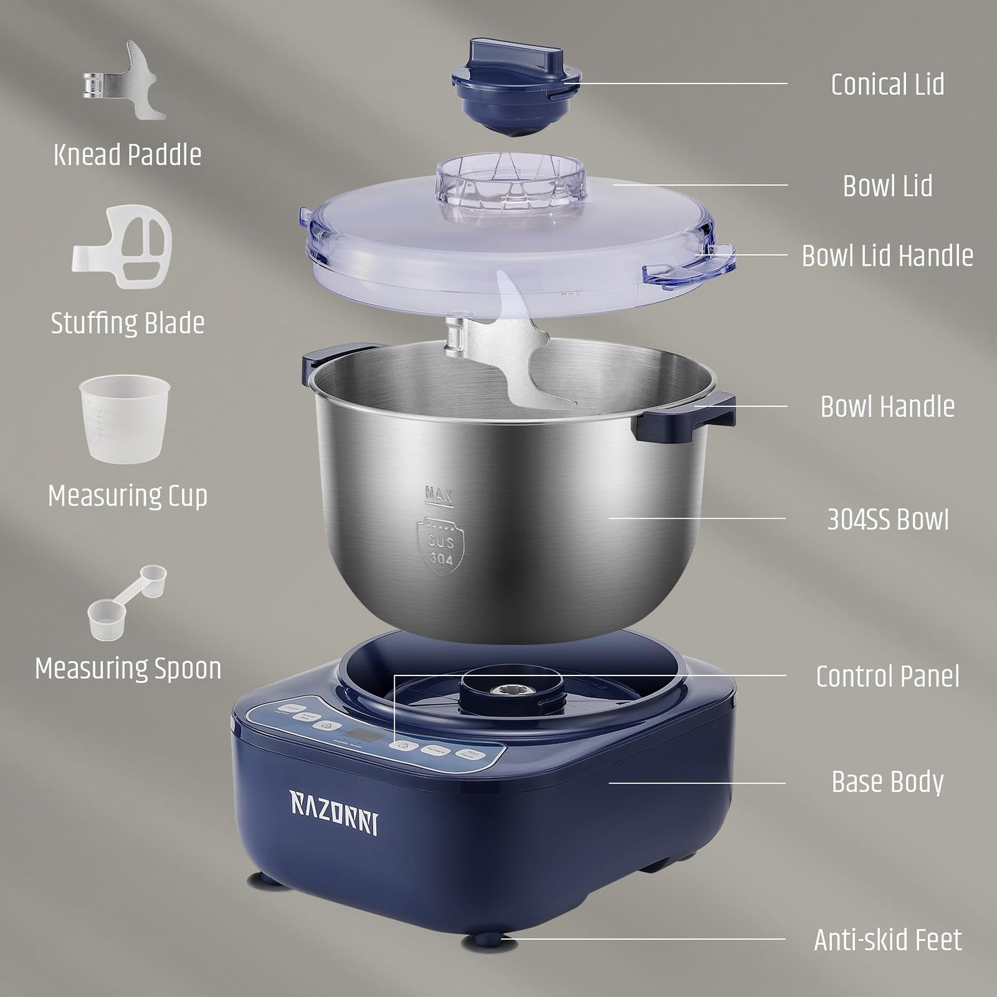Razorri Electric Dough Maker, 5L 4.5QT Household Dough Mixer with Ferment Function, Microcomputer Timer, Stuffing Blade & Stainless Steel Bowl for Bread, Pizza, Noodles, Dumplings