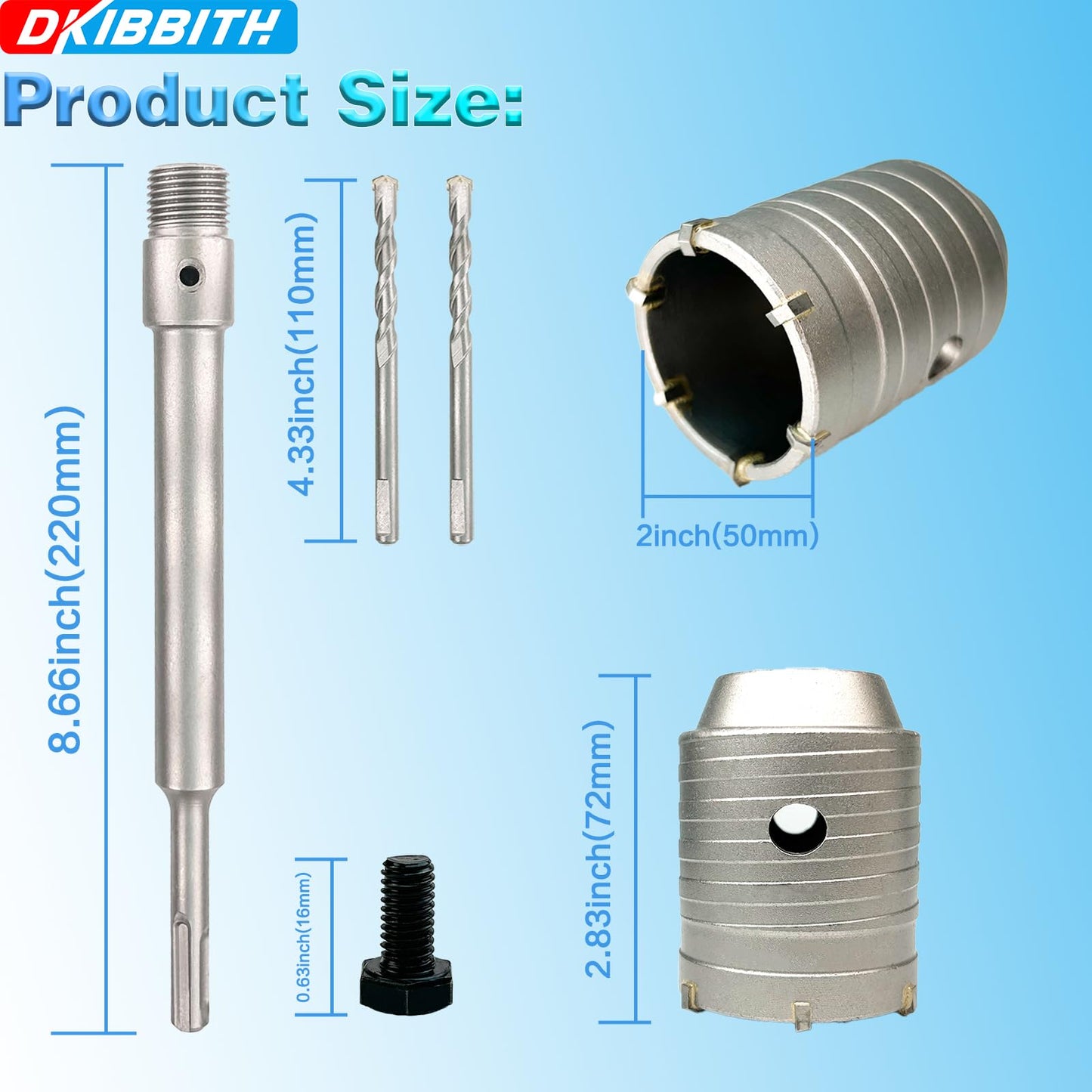 2" Concrete Hole Saw, 50mm Tungsten Steel Core Bit for Cinder Block, Brick, Rock, Plank Walls for Pipes or mini Split Lines, with SDS Plus Shank and 2 Center Positioning Drill Bits.
