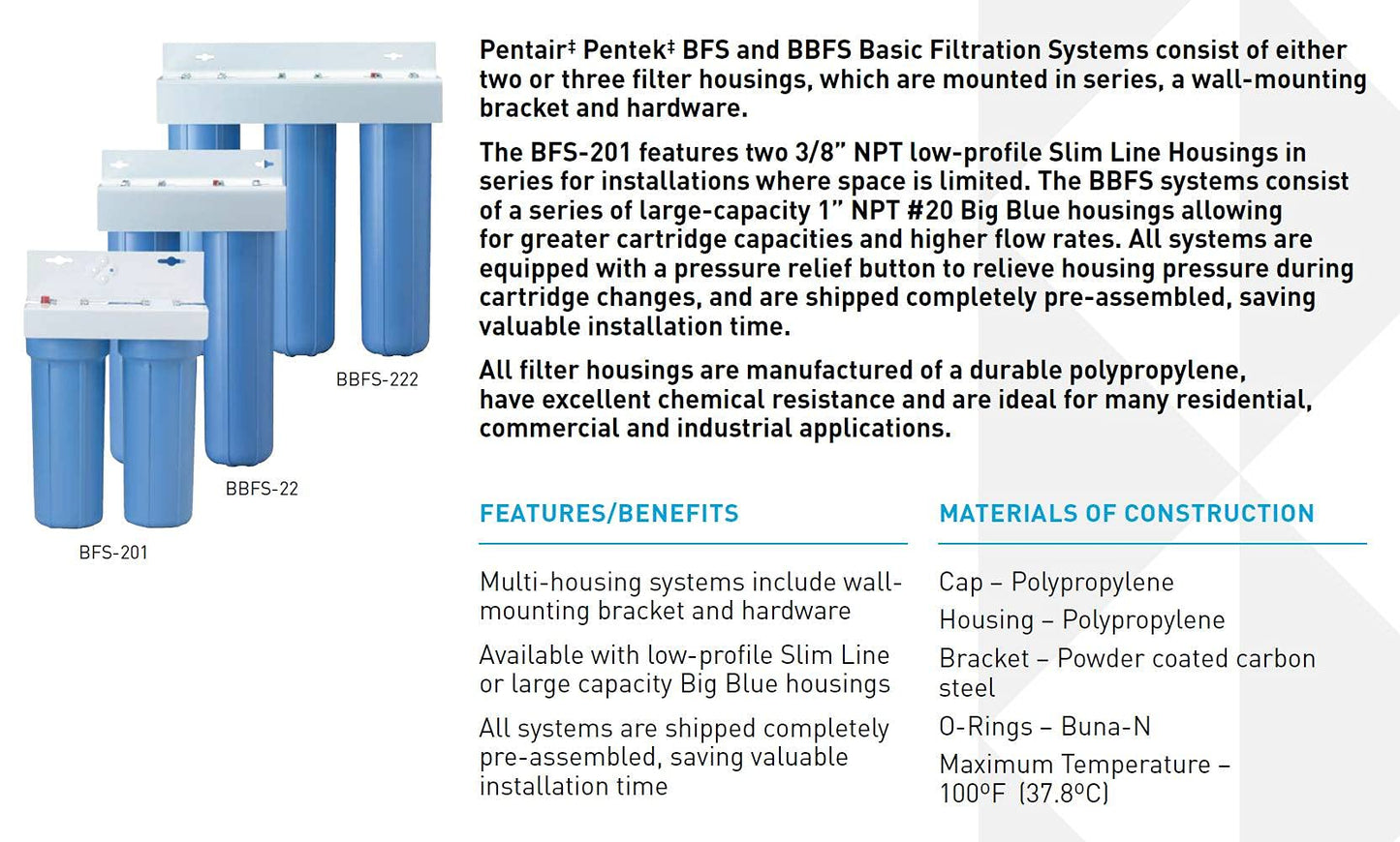 Pentair Pentek BBFS-22 Big Blue Two-Housing Filtration System, 1" NPT #20 High Capacity Water Filter Housing, Holds 20" x 4.5" Filter Cartridges