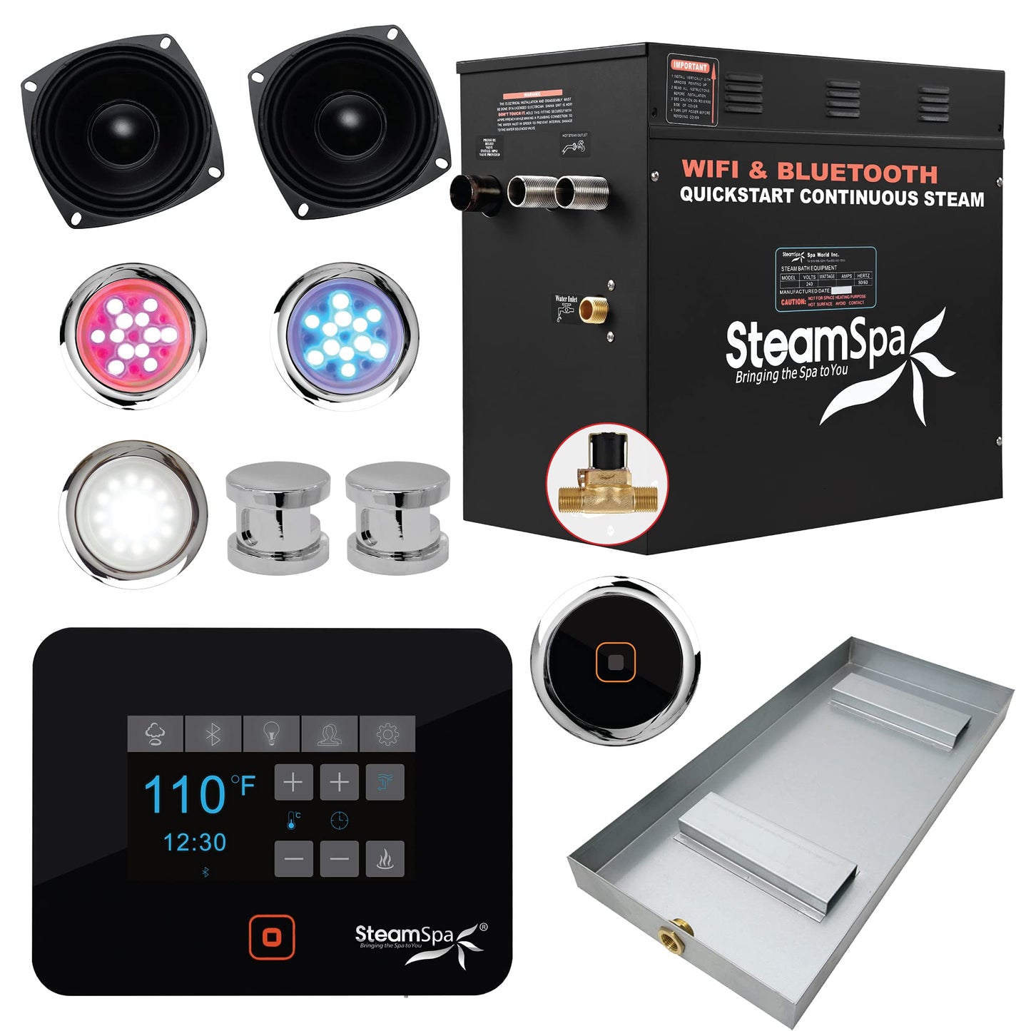 SteamSpa Generator with Quick Start Continuous Steam Technology, Wi-Fi, Bluetooth and Autodrain | 12kW Steam Generator with Chrome Steam Head with Aromatherapy Reservoir | SS-RVB1200CH-A