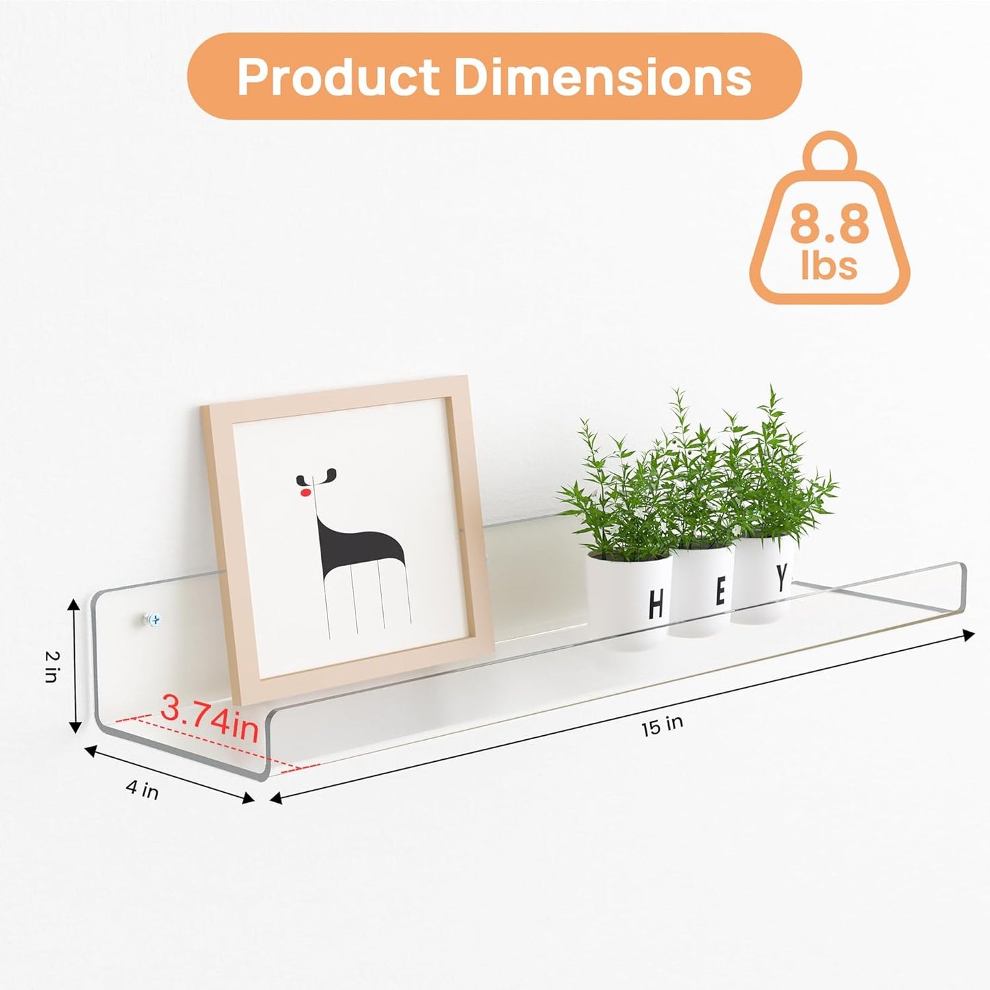 Upsimples 6 Pack Acrylic Floating Shelves - 15" x 4" Wall Storage for Kids' Rooms, Clear Display Organizers