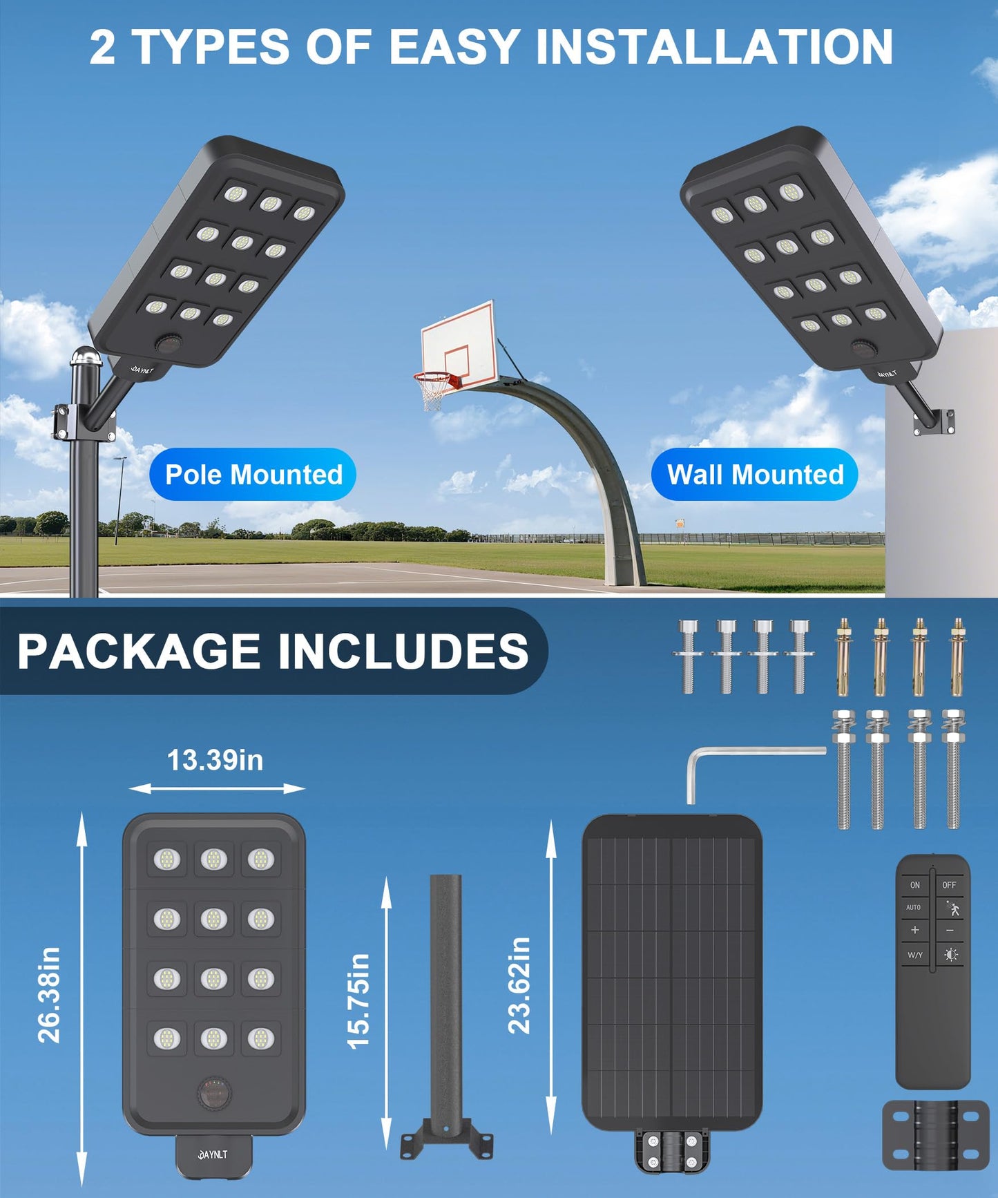 JAYNLT X-13000W Solar Street Lights Outdoor, Ultra-Large 6500K Commercial Parking Lot Lights Dusk to Dawn,IP67 Waterproof Solar Power Flood Security Light for Playground,Road