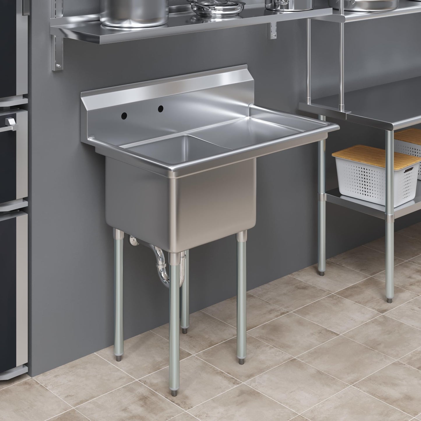 39 in. x 23.5 in. Stainless Steel One Compartment Sink with 18 in. x 18 in. Bowl and 18 in. Right Drainboard. NSF