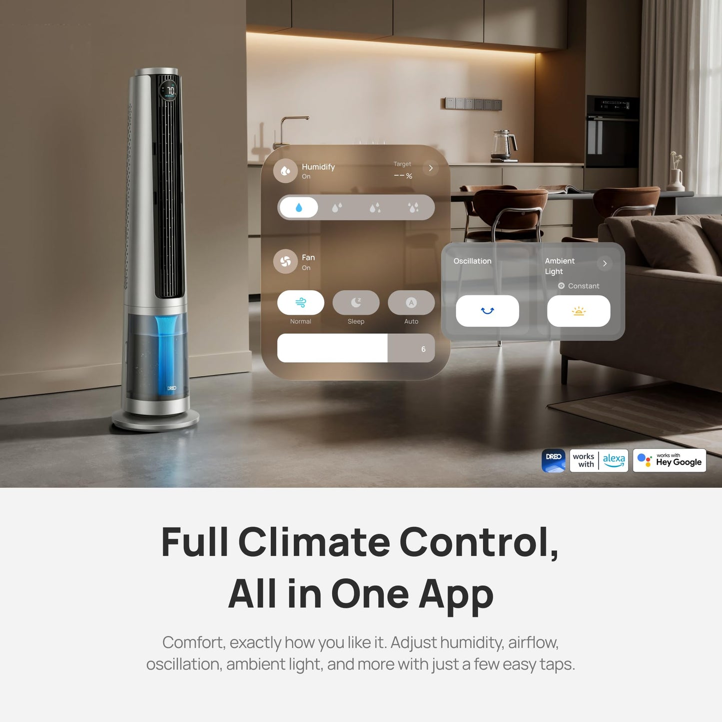 DREO TurboCool Misting Fan 765S, Fans that Blow Cold Air, 10°F Cooling, 34ft/s Fast Evaporative Air Cooler, 6L Tank, 20 dB Quiet DC Motor, 90° Tower Fan with 12 Speeds, 4 Modes for Home, Silver