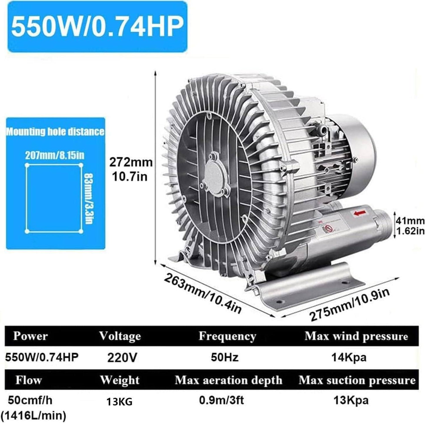 High-Pressure Regenerative Blower 120W-1100W, 110V Single Phase Vortex Ring Turbine Blower, 50Hz Industrial Vacuum Pump, 0.74HP Efficient Airflow Solution