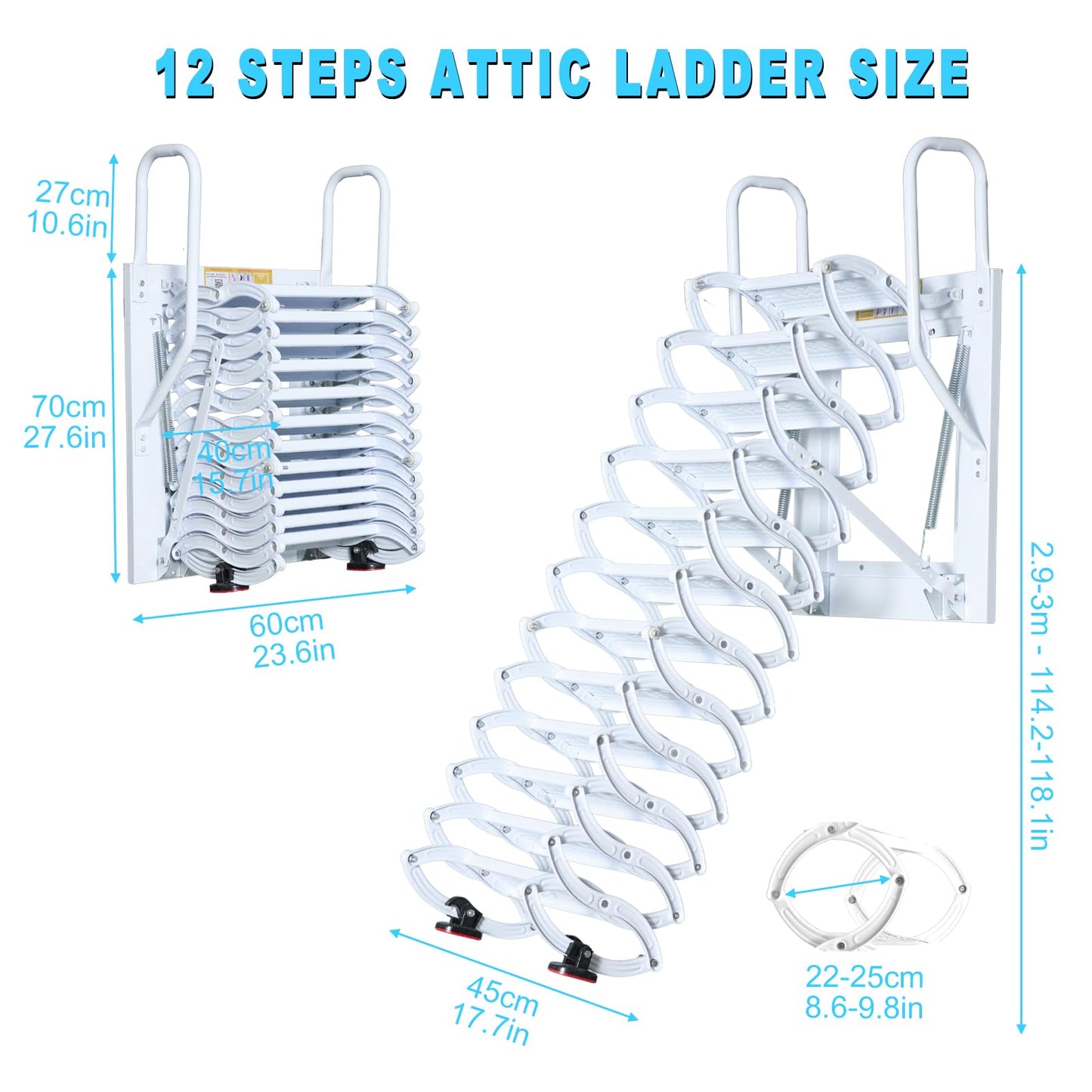 12 Steps Wall-Mounted Attic Ladder, Attic Pull Down System, Retractable Ladders for Loft, Metal Folding Attic Ladder Telescoping Steps, Pull Down Stairs for Attics Garages Roofs (White, 12 Step)