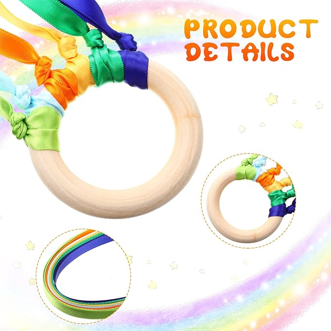 Junkin Ribbon Rings Hand Kite Waldorf Toys Dancing Wrist Ribbons Rainbow Streamers with Wood Ring Sensory Learning Educational Toy for Playroom Dancing Birthday Party Gift(Rainbow,48 Pcs)