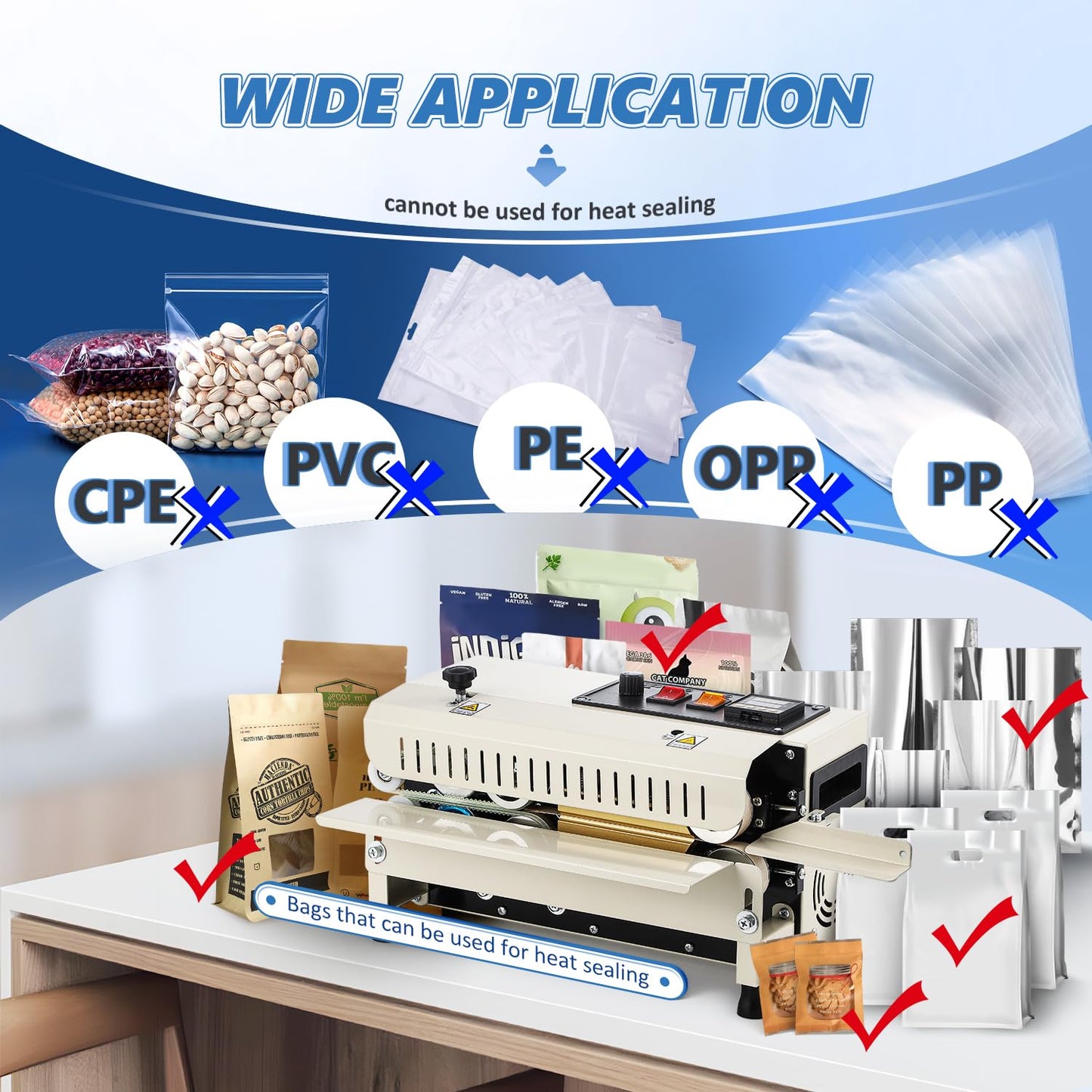 Frifreego Commercial Heat Sealer Machine, Automatic Continuous Band Sealer, Temp&Speed Adjustable, Horizontal Bag Sealing Machine for Plastic Packing Bags, Desktop Beige