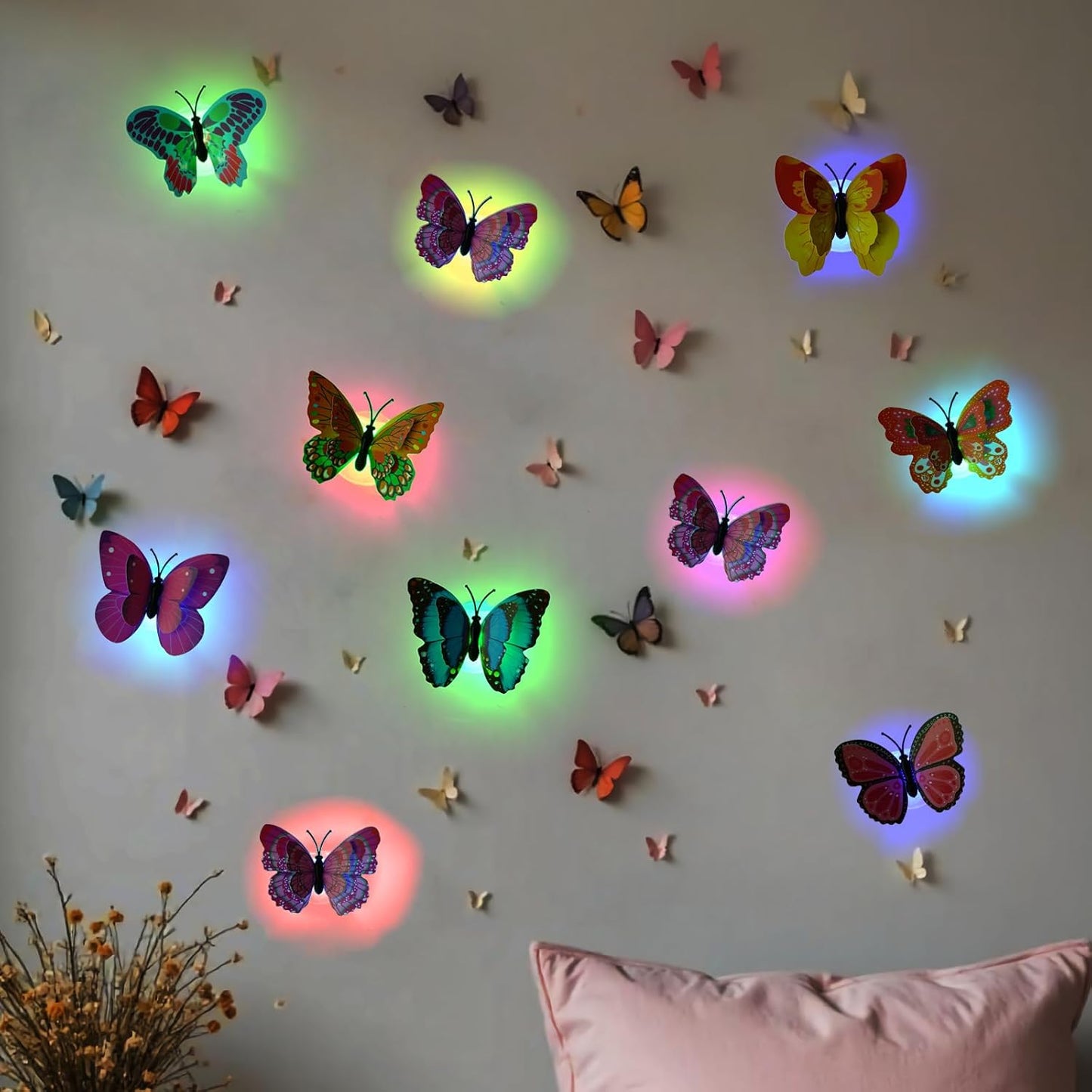 Skiennix 3D Butterfly Wall Decor - Glowing Lights & Stickers for Bedroom, Party, and Birthday (24 Pcs)