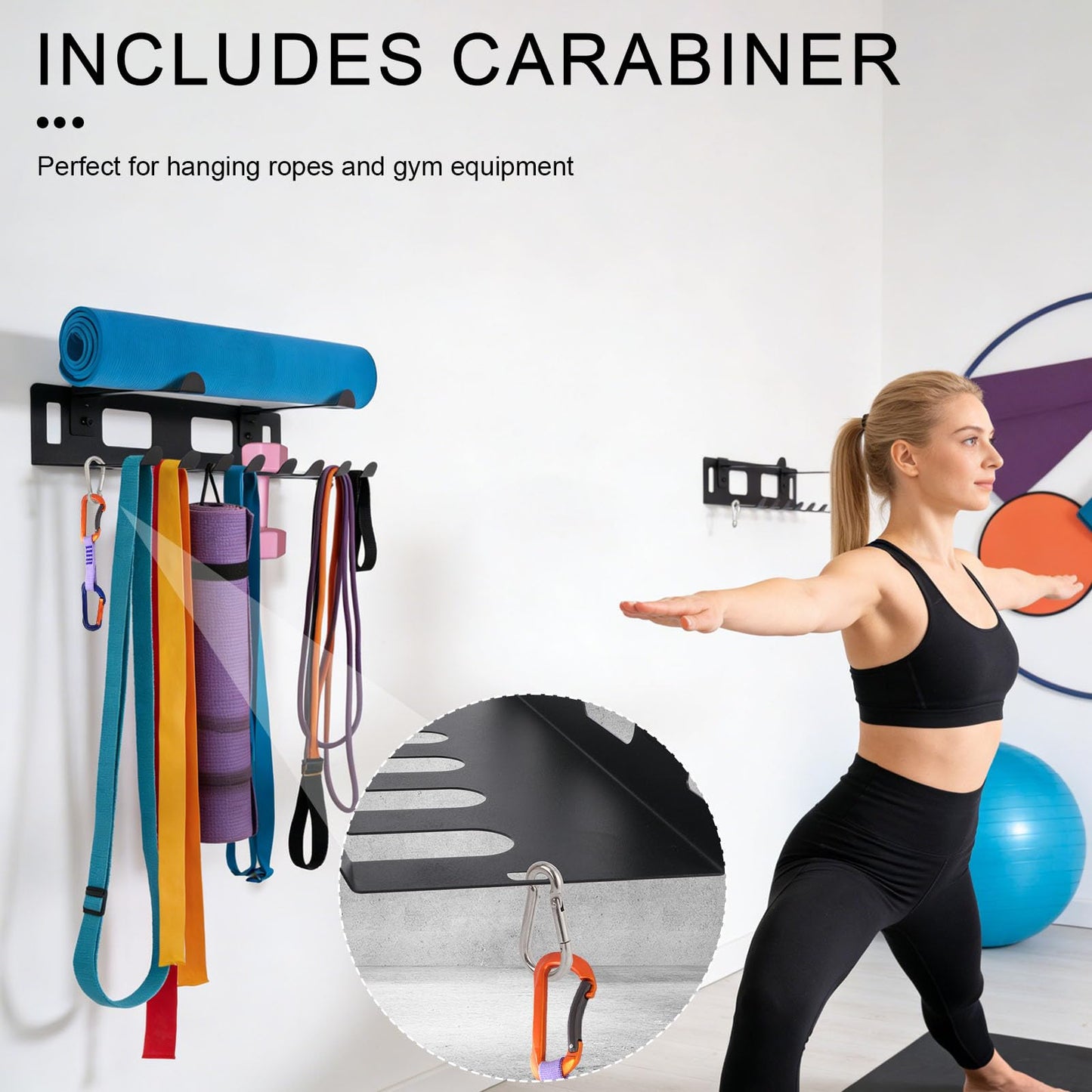 Multi-Purpose Gym Equipment Storage Rack, Heavy Duty Wall Mount Home Gym Organization with Carabiner for Resistance Bands Yoga Mat Jump Ropes Weight Belts Straps