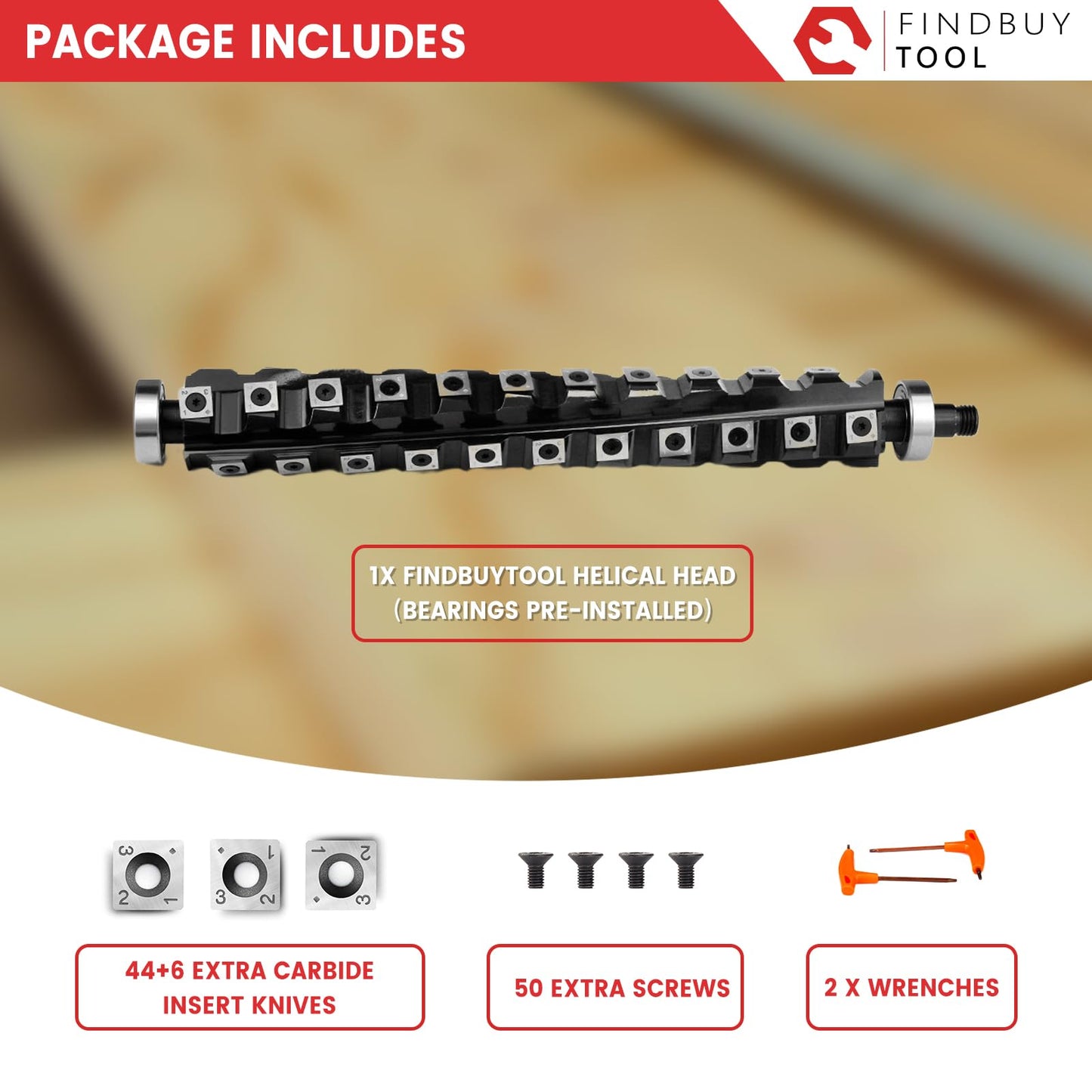 FINDBUYTOOL 13" Helical Cutter Head for Ridgid TP1300/TP13002/R4330 Planer, 4-Rows 50 Carbide Inserts Cutterhead Tools – Smooth Finish, Reduced Noise, No Tear-Out for Wood, Plywood, MDF