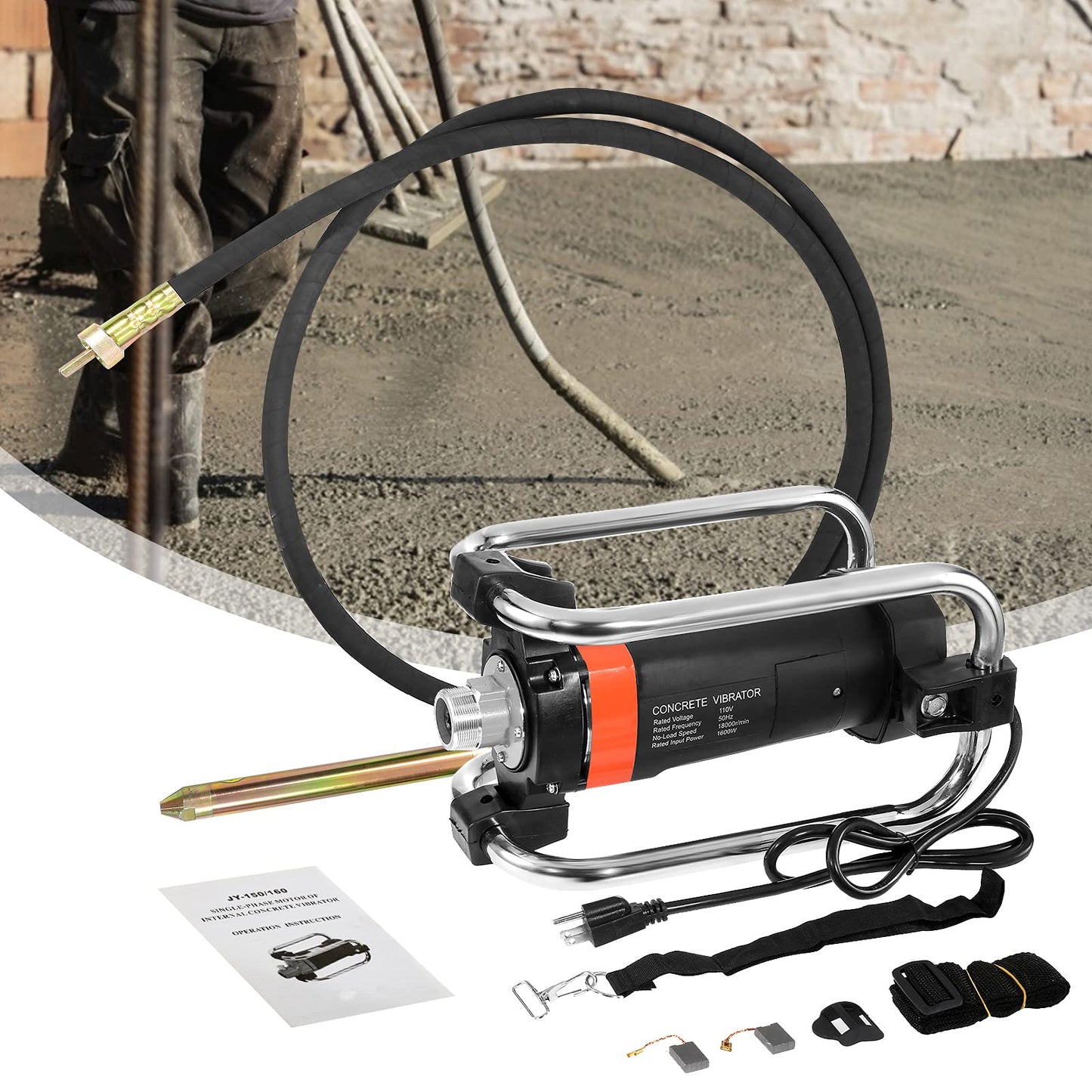 IRONWALLS Power Concrete Vibrators Hand Held, 1500W 18,000RPM 2HP Portable Electric Concrete Vibrator Construction Insertion Vibrator with 14-3/4ft Flexible Shaft, Commercial Concrete Tools