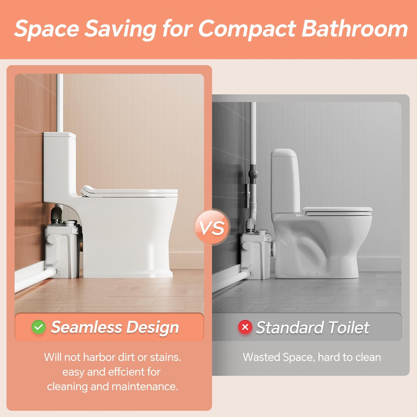 750W Macerating Toilet System, Upflush Toilet with Macerator Pump For Basement,Copper Motor Pump, Non-clog Stainless Grinder Housing, Quiet Operation, One Piece Full Skirt Toilet