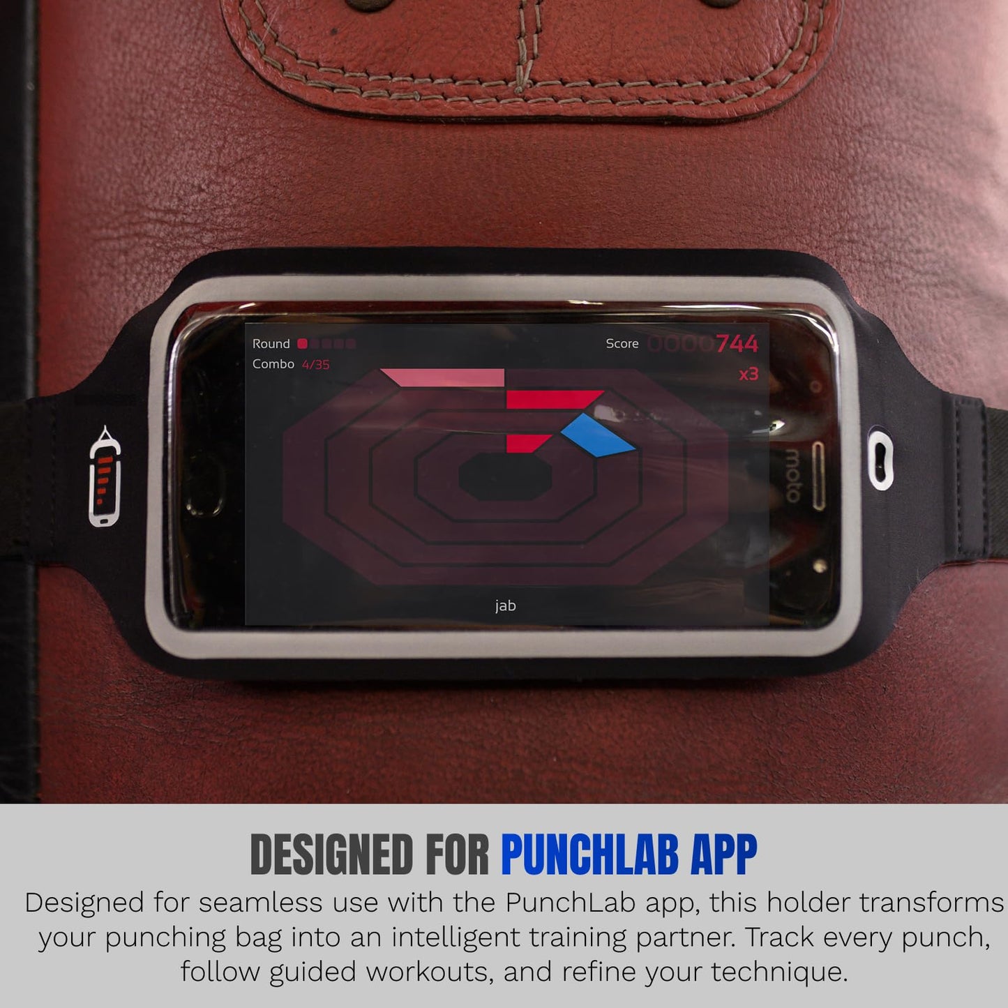 PunchLab Boxing Phone Holder for Punching Bag – Heavy Bag Strap Mount with Punch Tracker, Fits All Hanging & Freestanding Bags, Works with PunchLab App (Free App Included)
