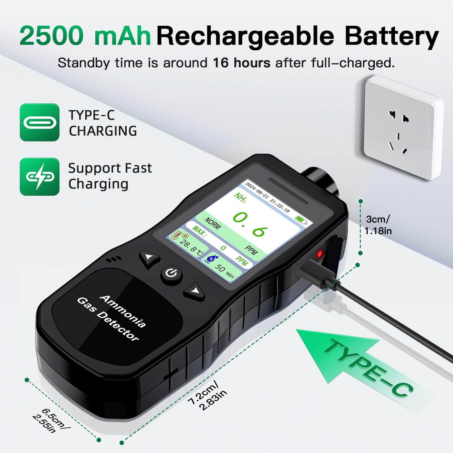 ZYKYCX Portable Ammonia Gas Detector, 0-200 PPM Rechargeable Ammonia Gas Monitor, Digital Air Quality NH3 Gas Meter with Temperature Humidity Tester for Farm, Poultry, Pig & Livestock