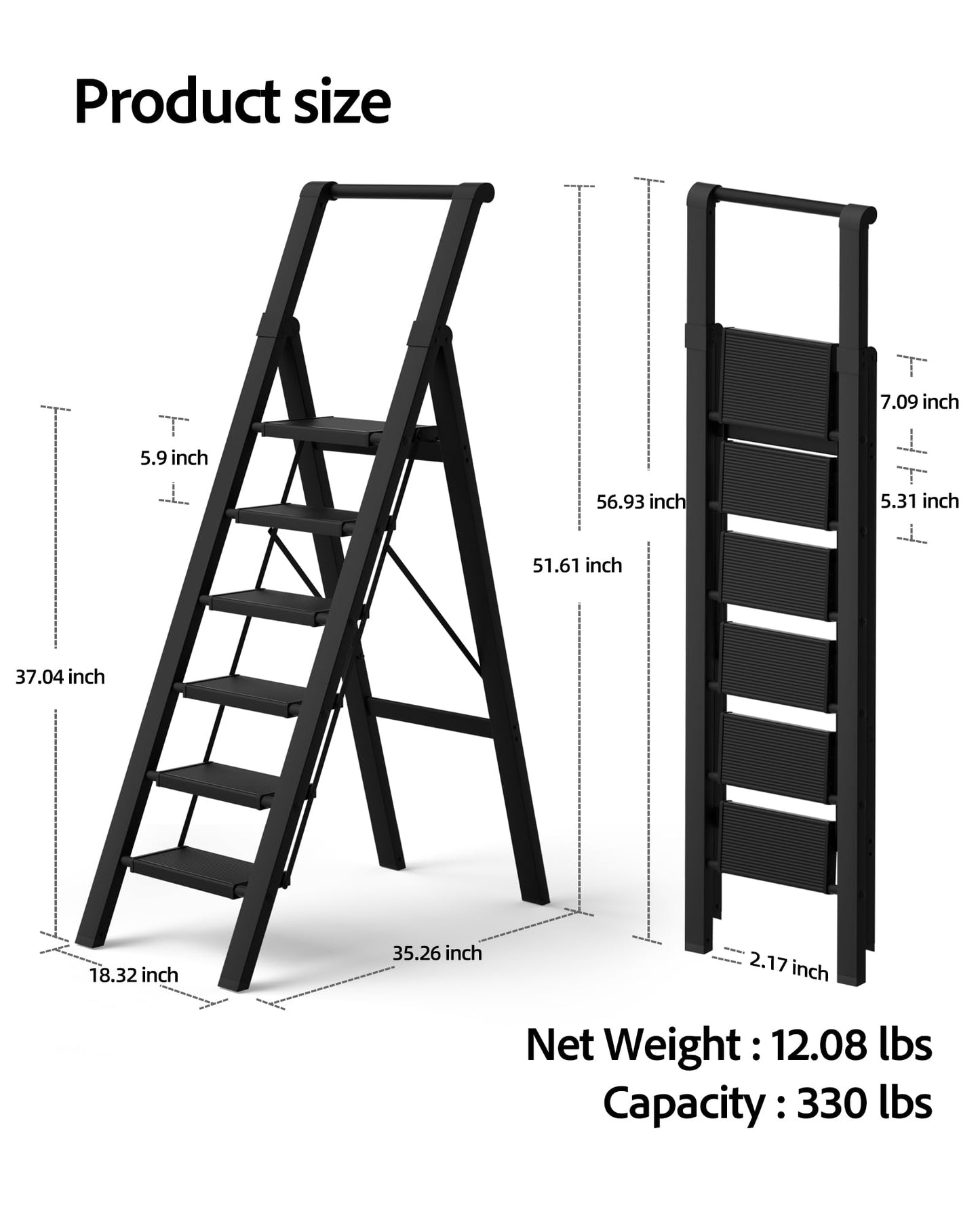 BEFITMACE 6 Step Ladder, Lightweight Folding Step Stool with Convenient Handgrip,Aluminum 330lbs Capacity Step Ladder for Office,Household,Kitchen(Black)