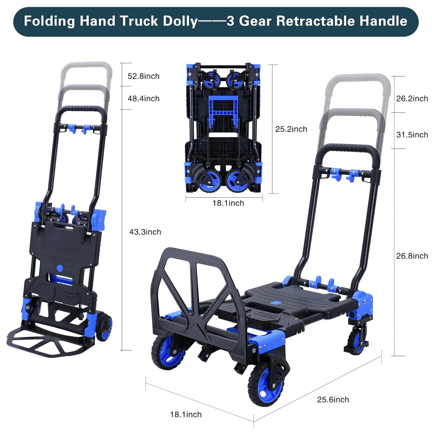 2-in-1 Hand Truck Dolly Foldable,330LB Capacity Hand Dolly,Folding Hand Cart with Retractable Handle,Hand Truck Foldable with 4 Wheels,Portable Handtruck