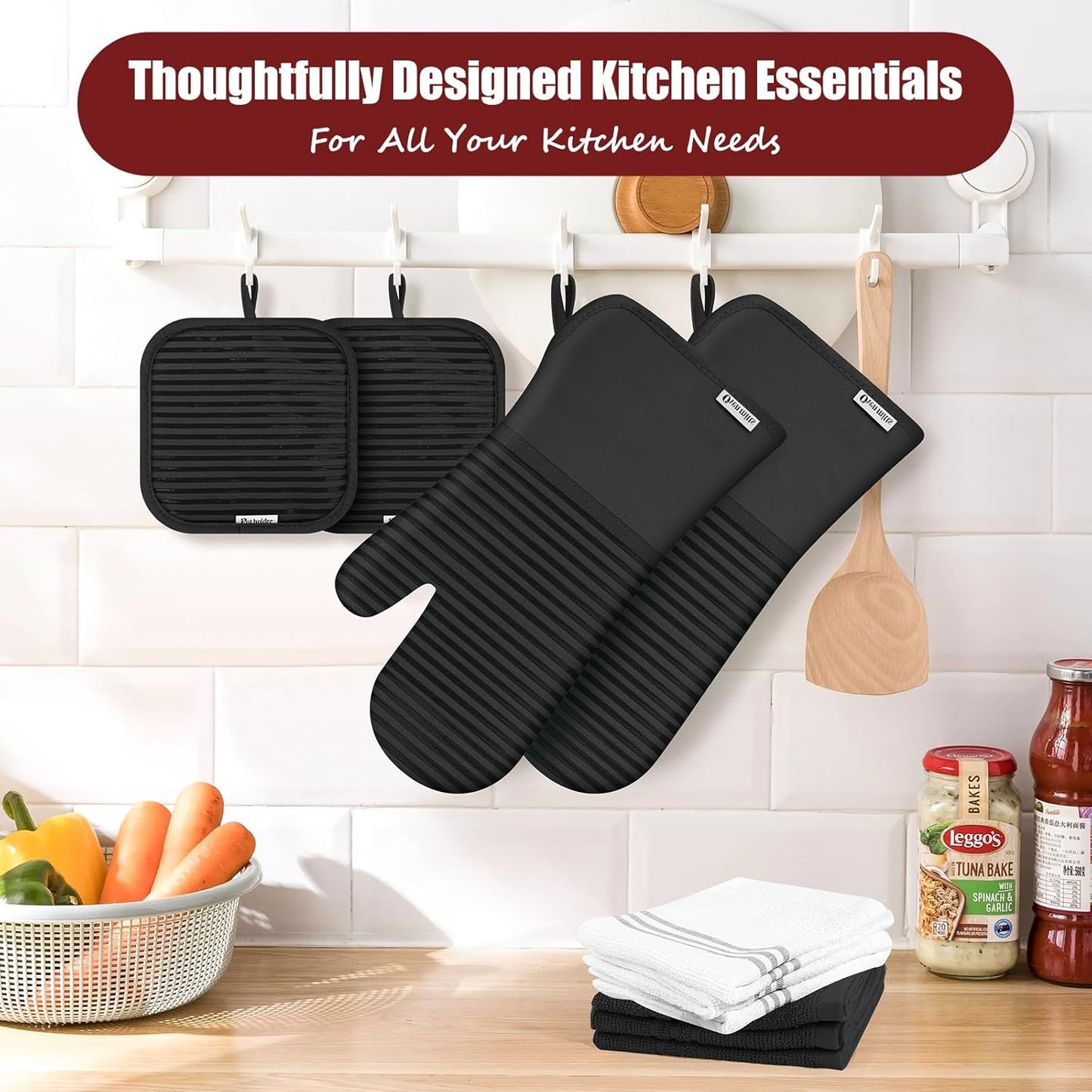 Skiennix Oven Mitts & Pot Holder Set - 500°F Heat Resistant Silicone Grip | 6 Pack Cotton Dish Towels - Black Kitchen Essentials