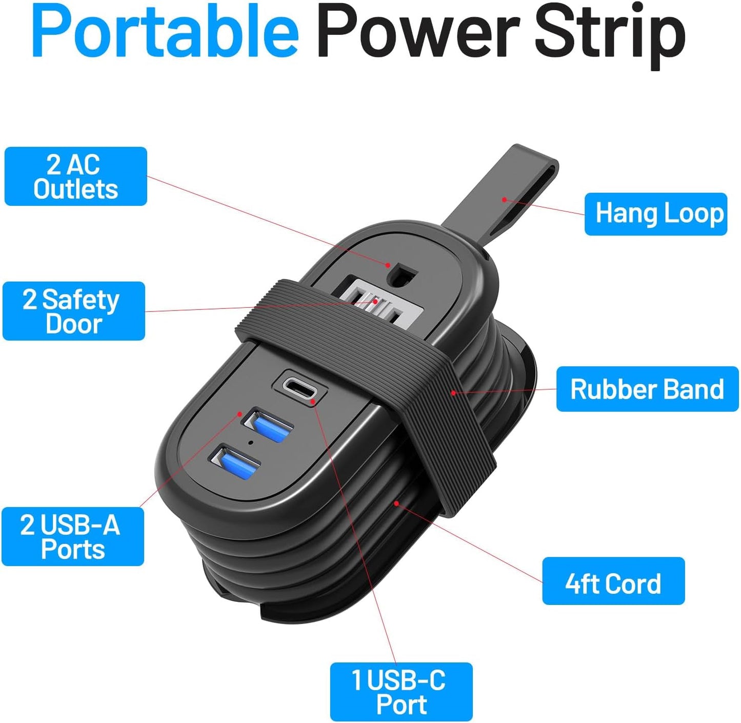 BEVA 4FT 2 3 (3.4A Travel Power Strip with USB C Ports, Extension Cord, Outlets, USB Ports, Cruise Ship Essentials