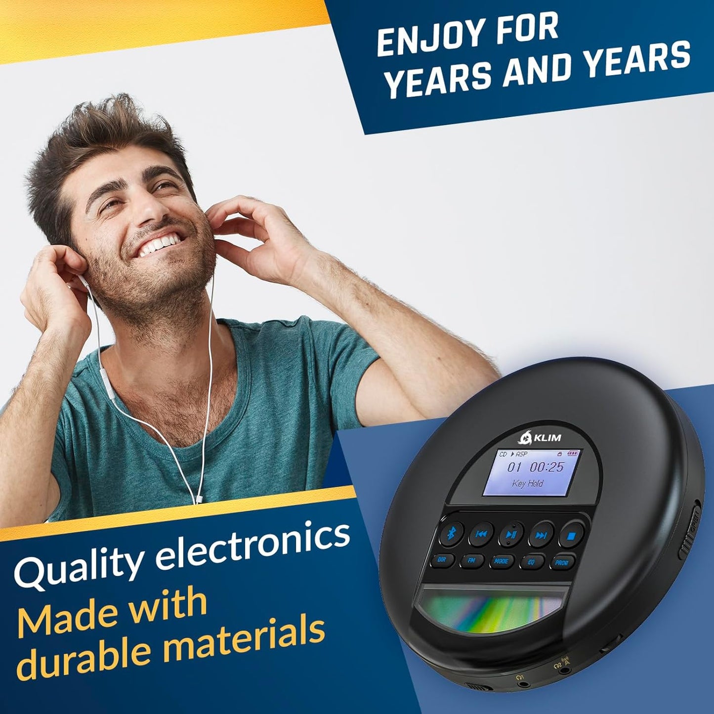 KLIM MP3 Nomad - Portable CD Player with Long-Lasting Battery - with Headphones - Radio FM - Compatible CD Player