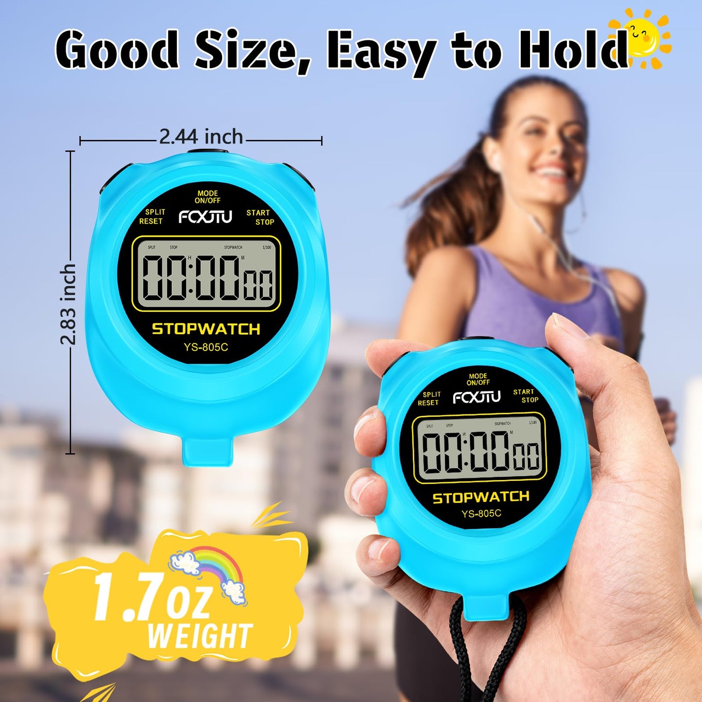 FCXJTU Simple Stopwatch Timer, Single Lap Stopwatch Countdown Timer, No Hourly Beep, On/Off, AAA Battery(Included), Large Display, Easy to Use, Ideal for Kids Sports Coaches Blue