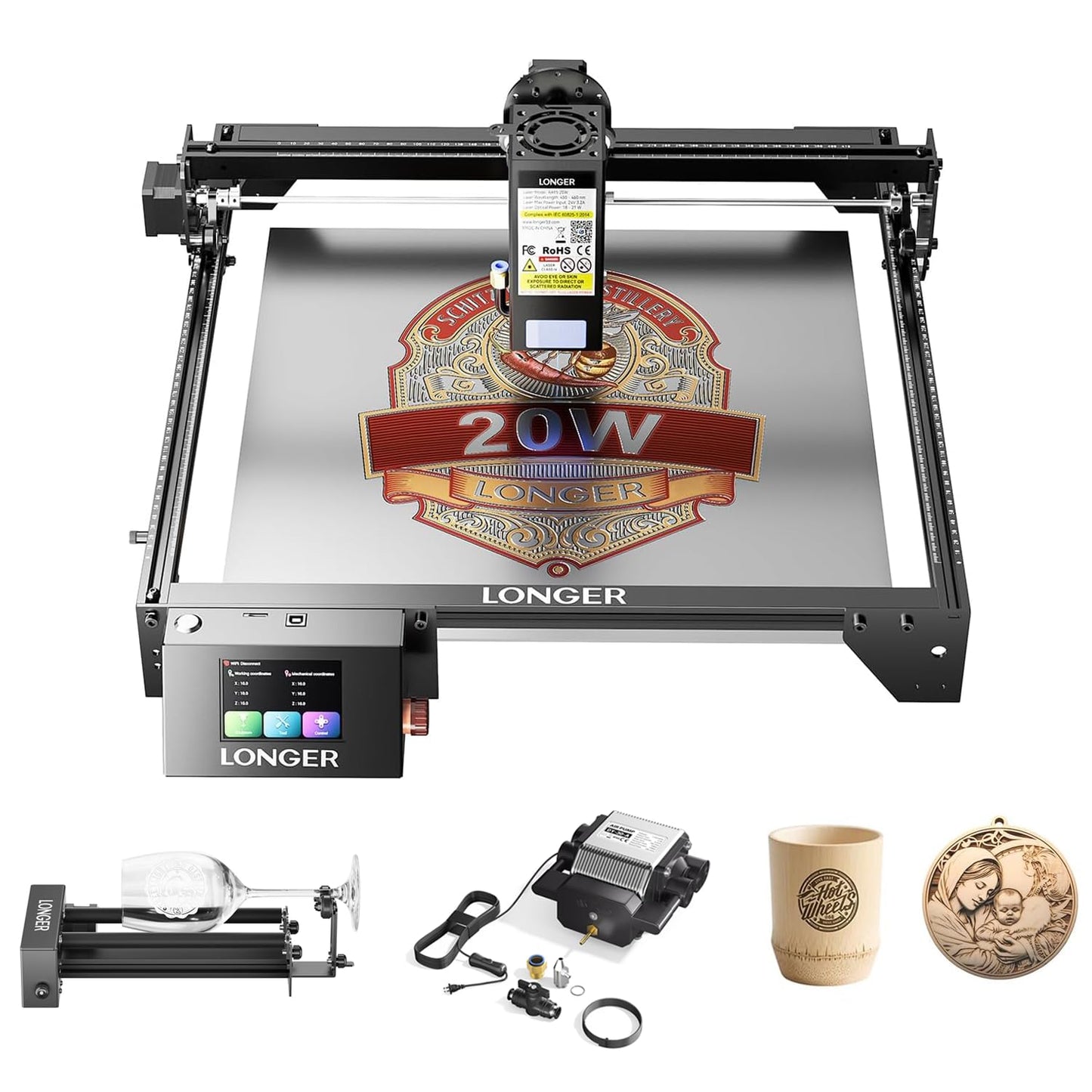 Longer RAY5 New Upgrade Laser Engraver, Laser Cutter 20W Output Power+Air Assist Kit with Air Pump+Rotary Roller with Bracket